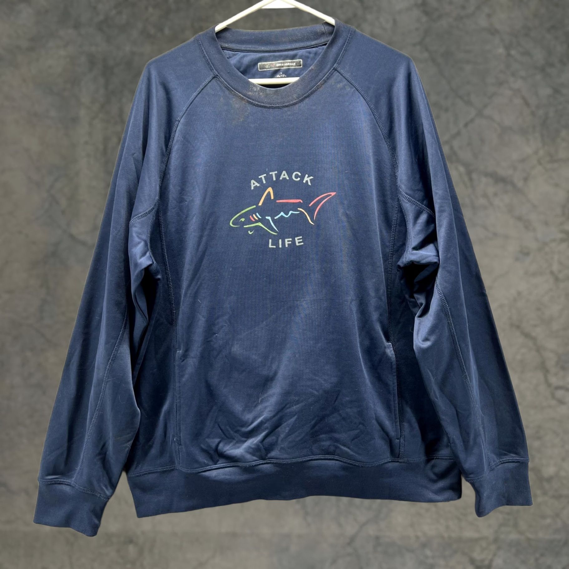 Vintage Greg Norman Sweatshirt Mens Large Blue Attack Life Shark Golf Crewneck Pullover Size US L / EU 52-54 / 3 - 1 Thumbnail