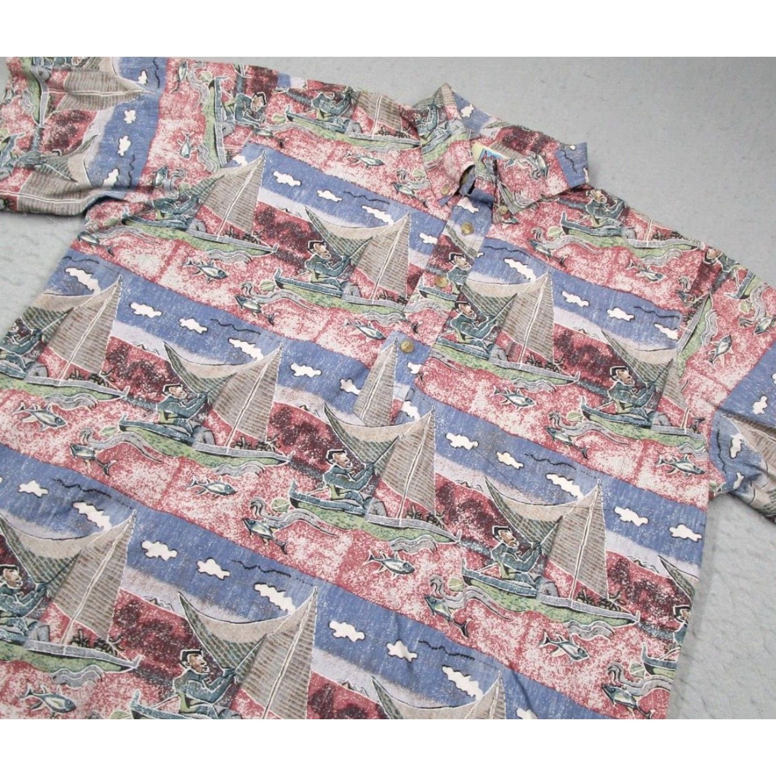 Vintage Kahala Avi Collection Mens Red Button-Up Shirt XL Regular Knit Cotton Short Sleeve Geometric Aloha Nautical Tropical Logo Button-Down Made in USA Size US XL / EU 56 / 4 - 2 Thumbnail