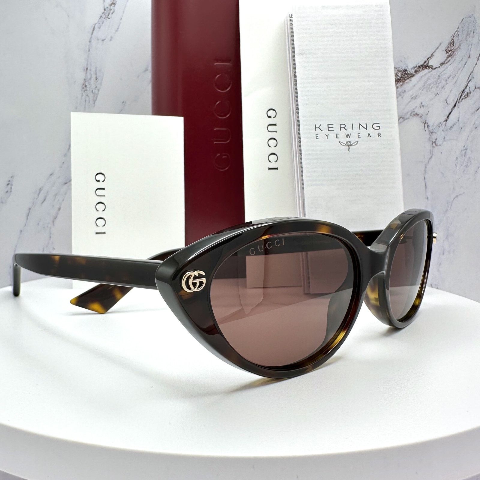 Gucci New GUCCI Sunglasses Brown Cat Eye Gold Metal Front GG Logo Size ONE SIZE - 7 Thumbnail