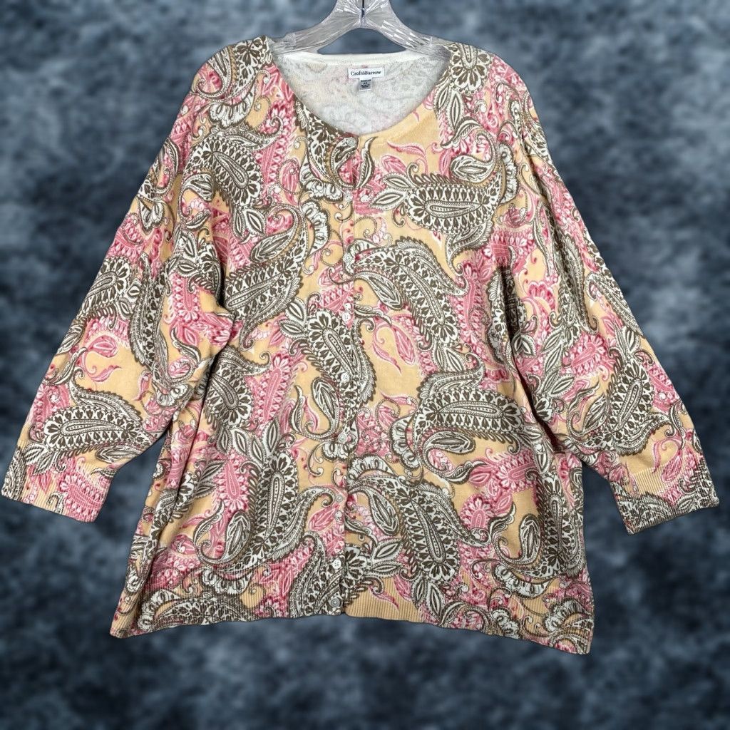 Croft & Barrow Croft & Barrow Cardigan Sweater Womens 2X Peach Pink Floral Paisley Whimsigoth - Multicolor Knit Crew Neck Long Sleeve All Seasons Lightweight Size XXL / US 16-18 / IT 52-54 - 1 Thumbnail