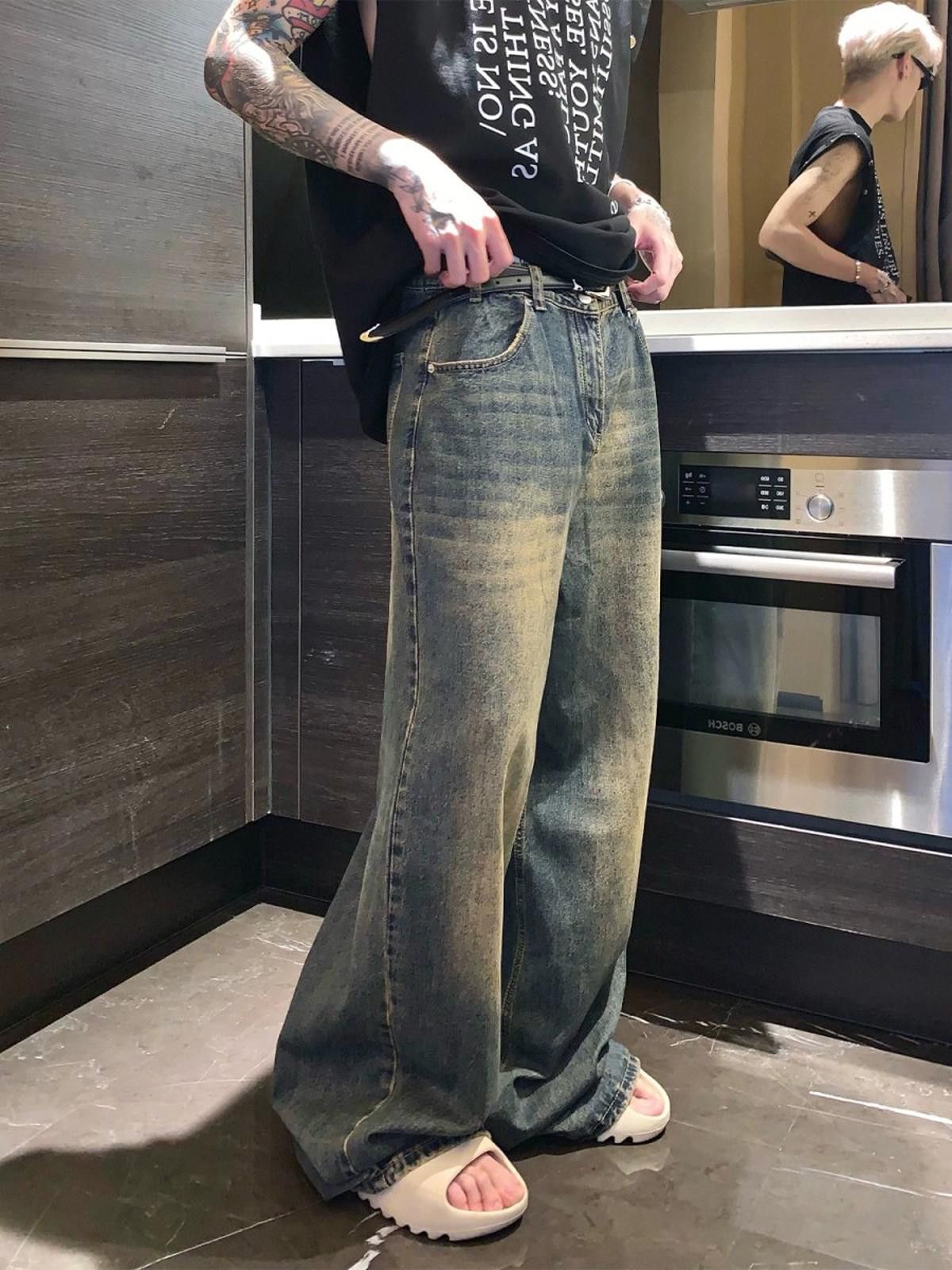 Jean × Vintage Vintage Wash Wide-Leg Denim Jeans, Chunky Flared Pants Size US 32 / EU 48 - 2 Thumbnail