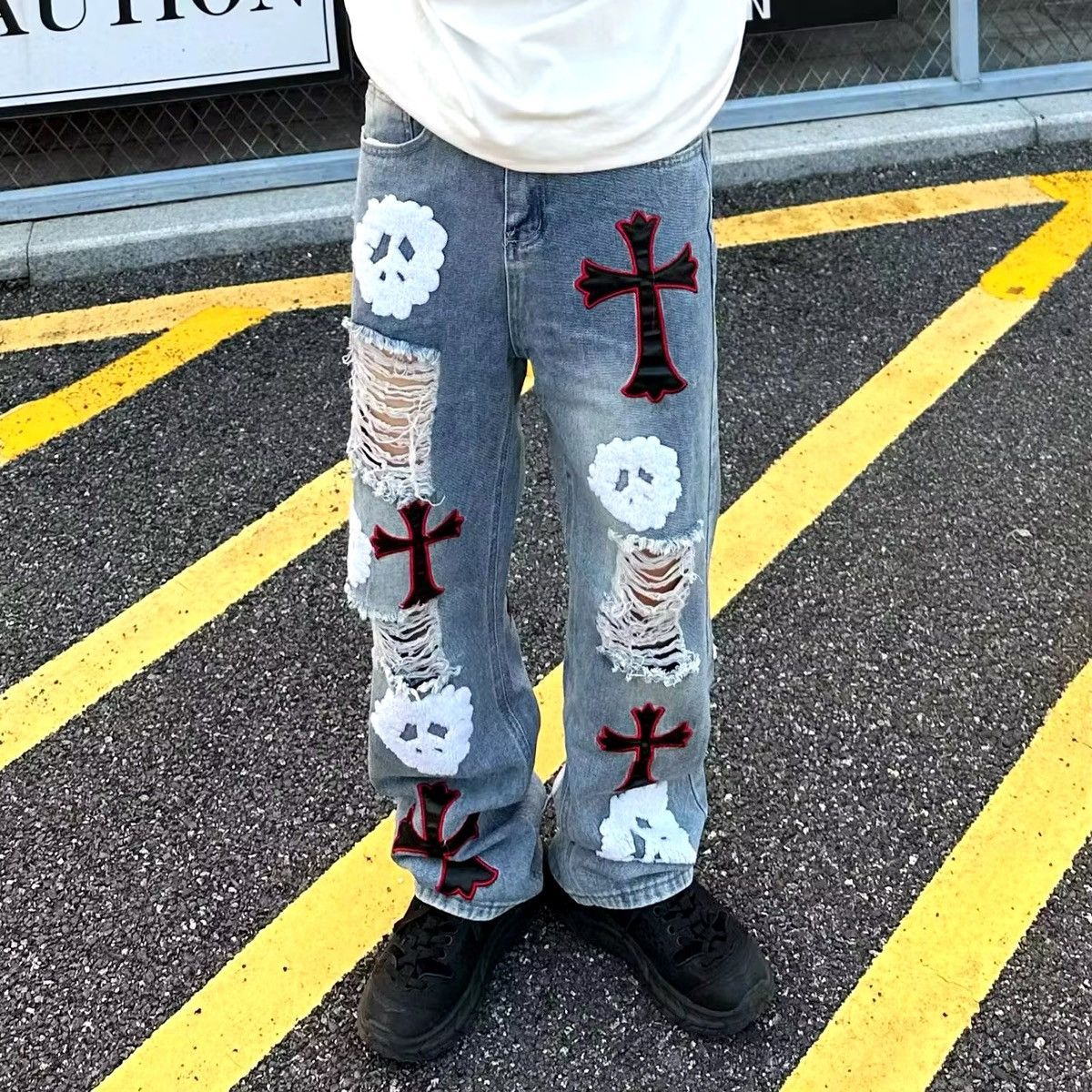 Designer × Jean High street heavy embroidered ripped straight cross jeans Size US 32 / EU 48 - 5 Thumbnail