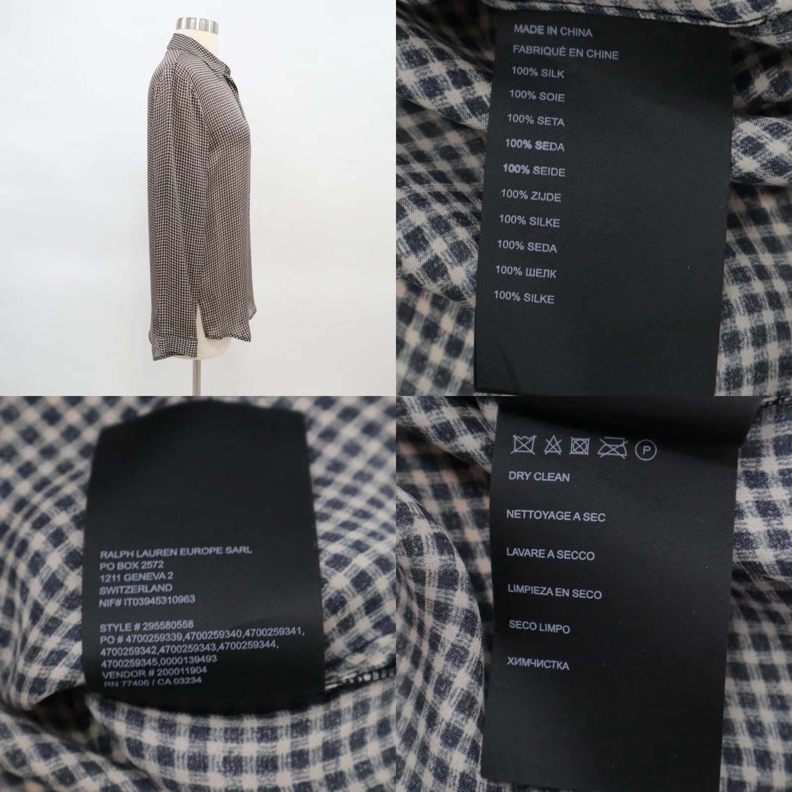 VINTAGE Club Monaco Silk Blouse Shirt Top Womens XS Gingham Black Ivory Beige Hi-Low Formal Office Retirement