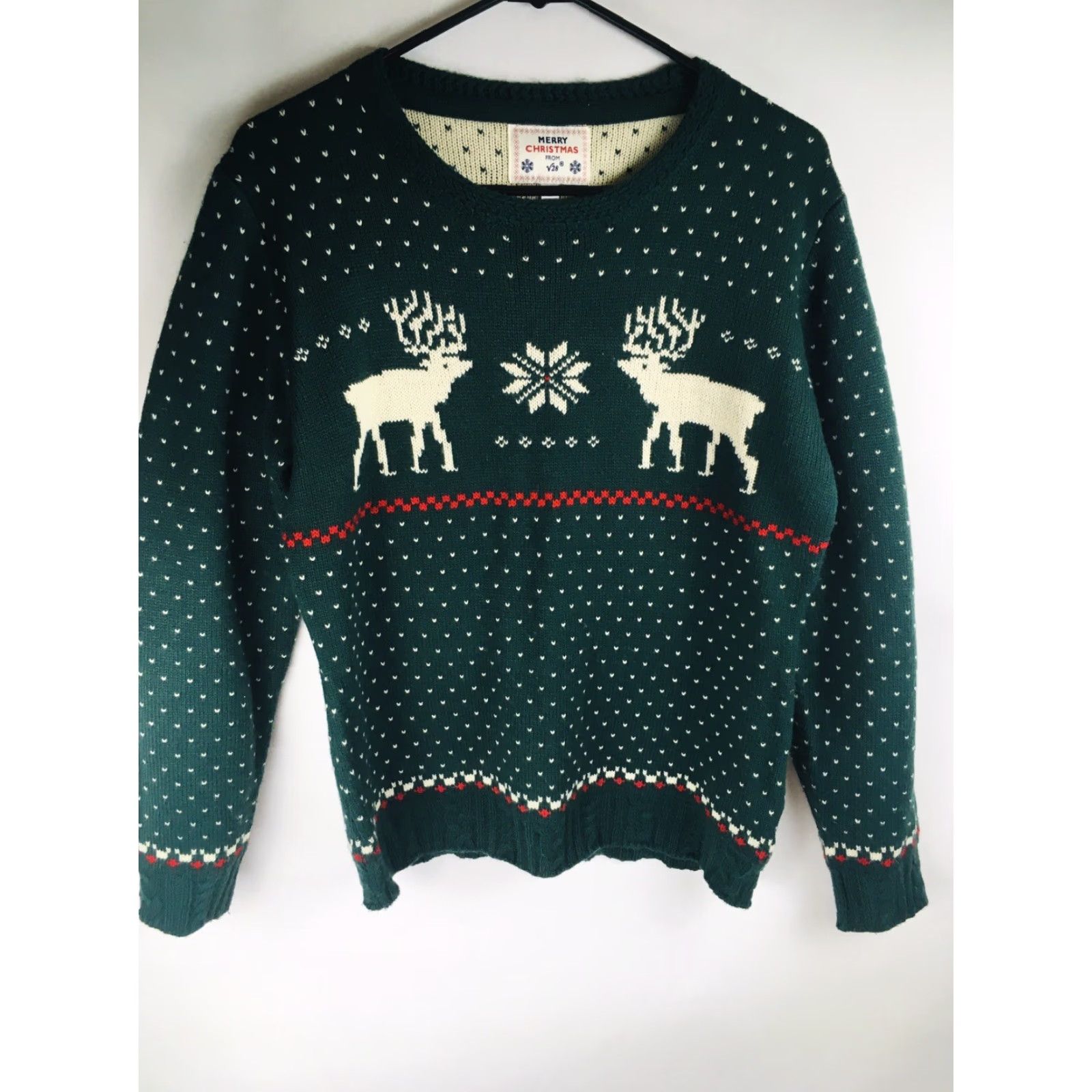 Vintage Merry Christmas V28 Green Sweater Shirt Womens L Pullover Reindeer Snowflake Crew Neck Christmas Winter Pattern Acrylic Dress up Size L / US 10 / IT 46 - 2 Thumbnail