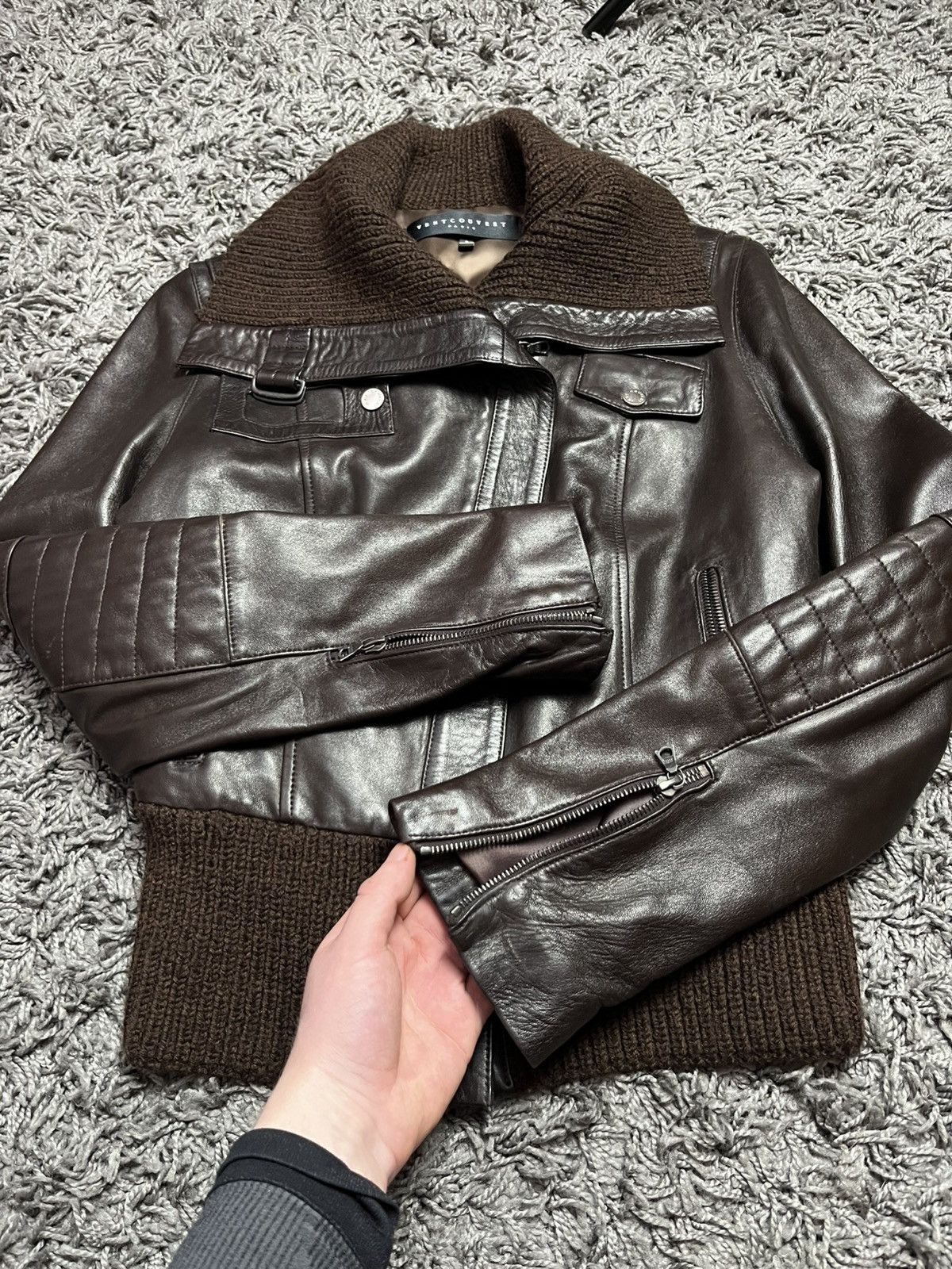 Japanese Brand Ventcouvert Paris Brown Leather Bomber Jacket Knit Collar Size M / US 6-8 / IT 42-44 - 2 Thumbnail