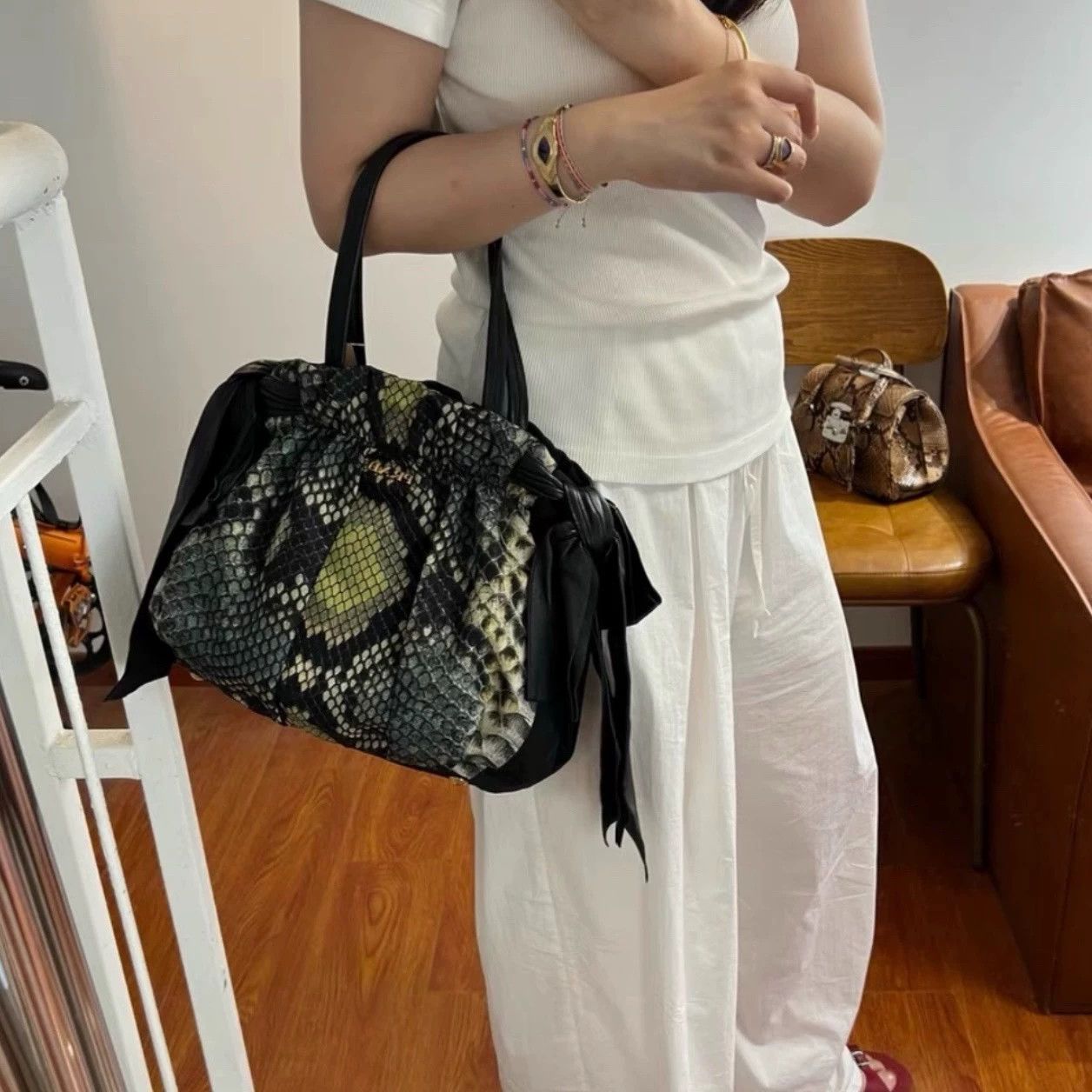 Prada Prada Gaufre Snake Nylon-Leather Crossbody Black Gold Size ONE SIZE - 7 Thumbnail
