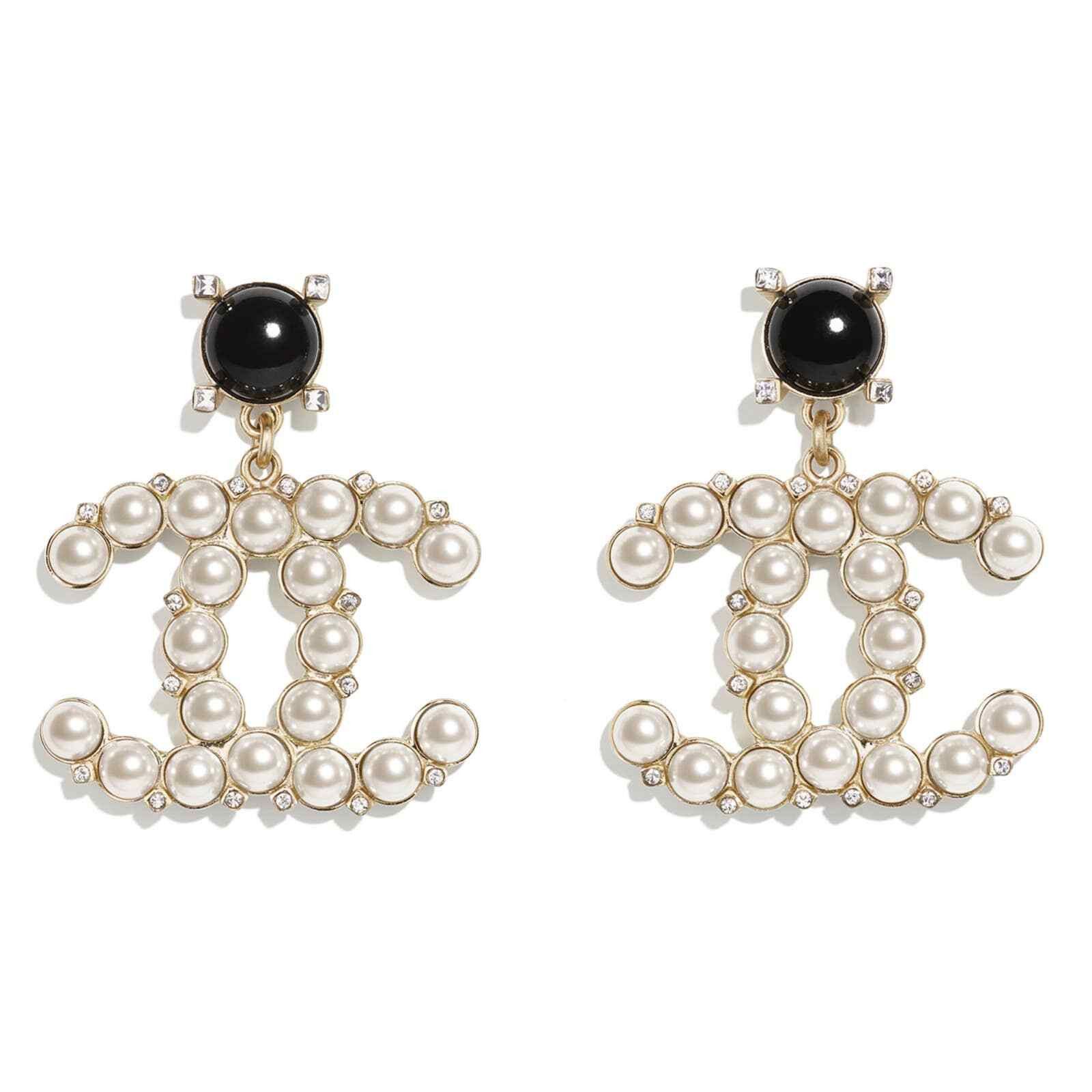 Chanel Chanel Gold Black Crystal Pearl Dangle Statement Earrings Size ONE SIZE - 1 Thumbnail