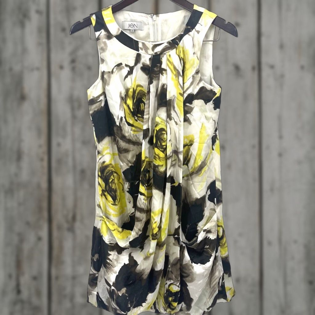 Vintage Rickie Freeman Teri Jon Dress Womens 4 Silk Yellow Bubble Mini Sundress Boat Neck Sleeveless Zip Floral 90s Theme Womens Size S / US 4 / IT 40 - 1 Thumbnail