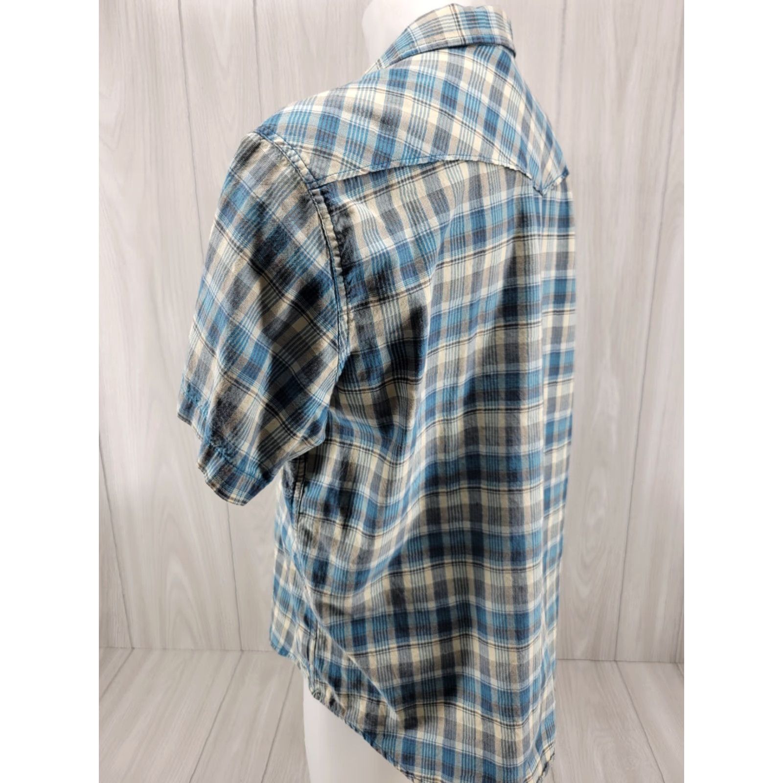 Lucky Brand Lucky Brand Mens Shirt XL Blue Tan Plaid Pearl Snap Western Short Sleeve Size US XL / EU 56 / 4 - 7 Thumbnail