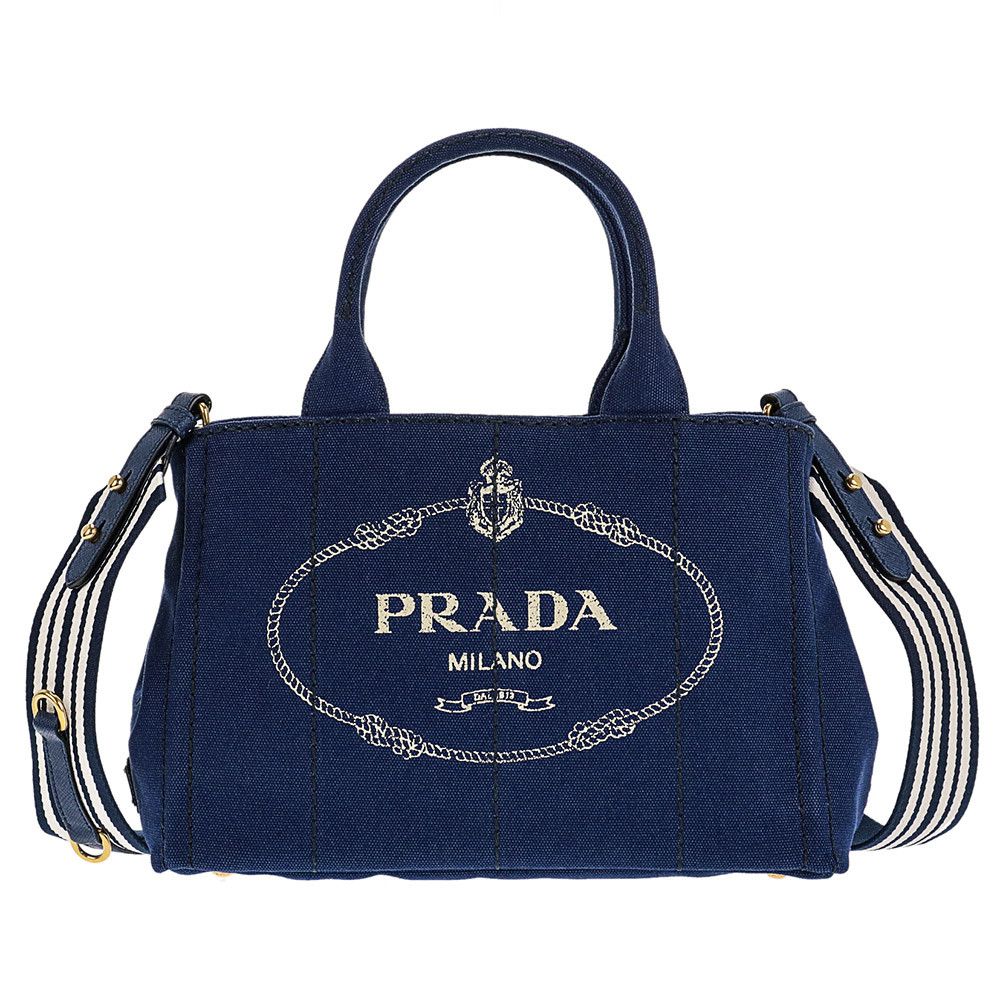 Prada 2-way Bag Cotton Canvas Blue X White X Gold