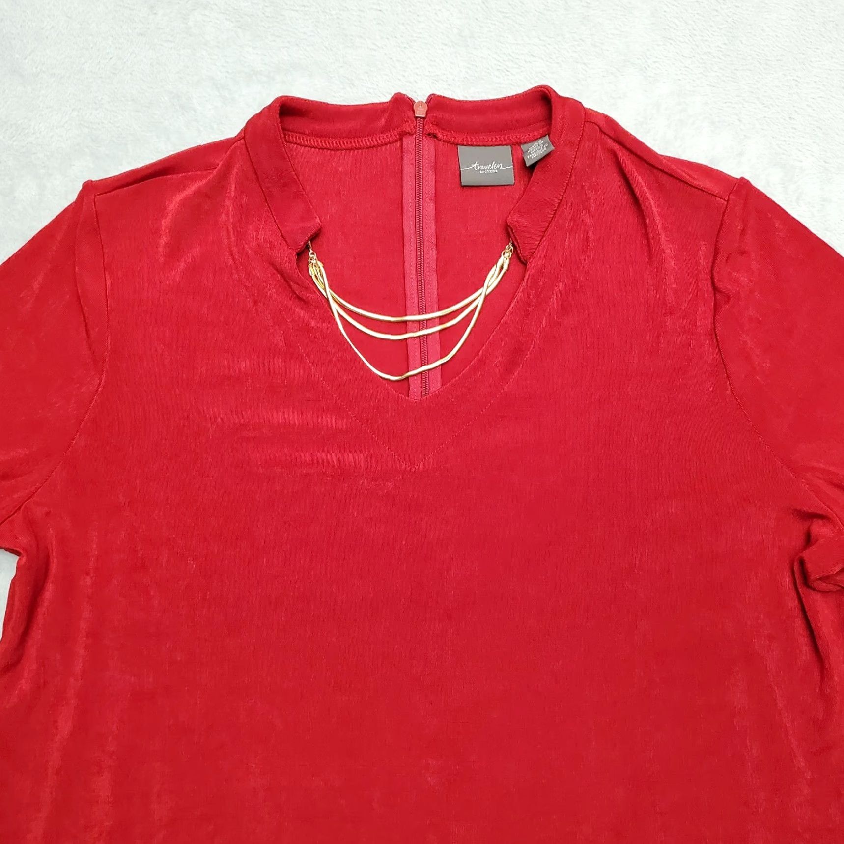Vintage Chicos Top Womens Size 3 Red Trevelers Stretch Blend Gold Chain Casual Blouse Knit V-Neck Long Sleeve Easy Care Machine Washable Size XS / US 0-2 / IT 36-38 - 2 Thumbnail