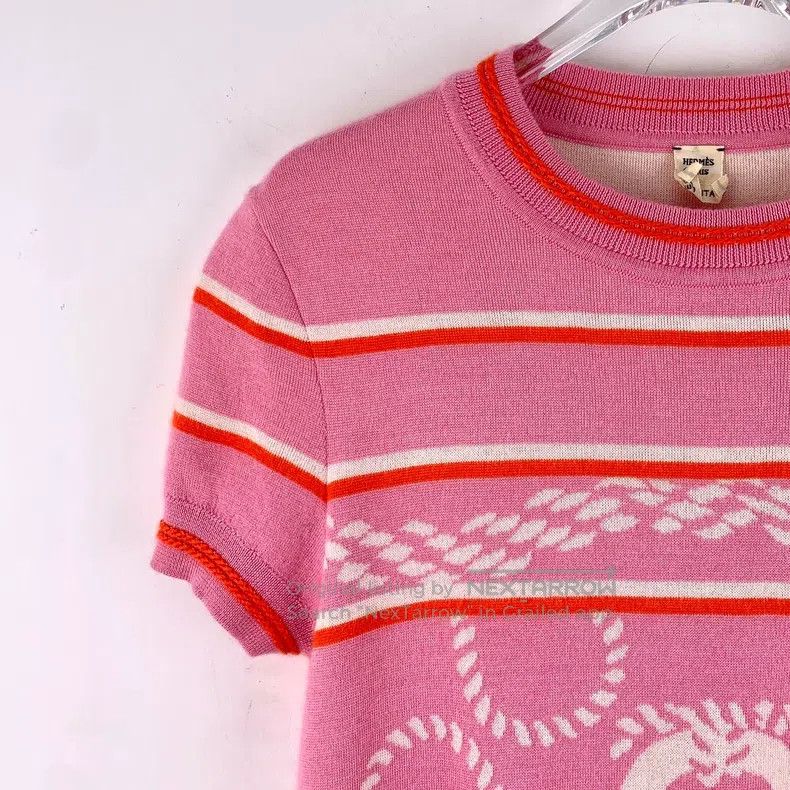 Hermes Hermes 23 Pink Striped Lock Cashmere Round Neck Short Slee Size XS / US 0-2 / IT 36-38 - 3 Thumbnail