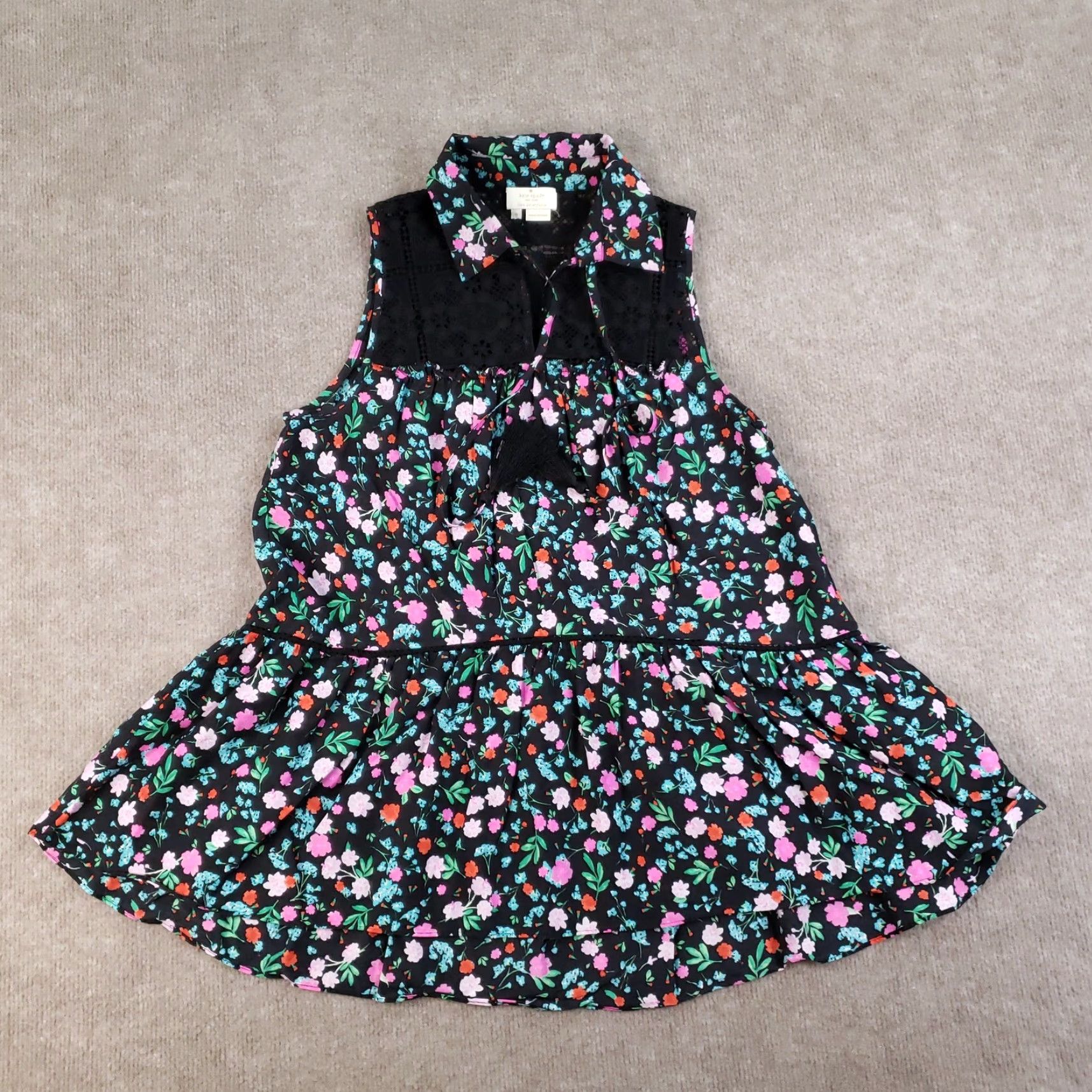 Vintage Kate Spade Dress Womens Small Black Floral Lace Yoke Sleeveless Collared Tiered Shirt? Size S / US 4 / IT 40 - 2 Thumbnail