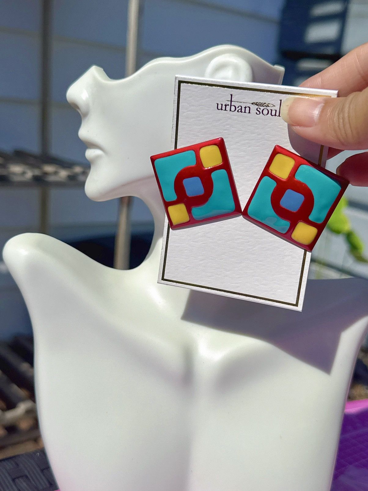Designer Urban Soul diamond shape earrings studs red blue yellow Size ONE SIZE - 1 Thumbnail