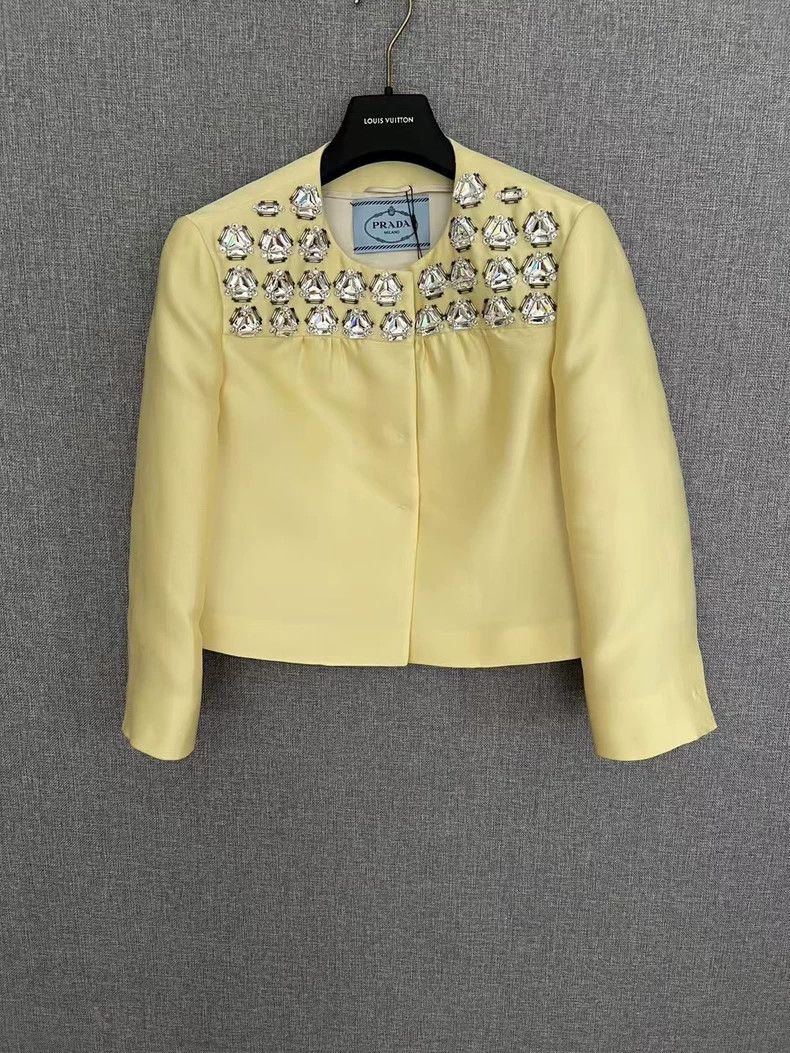 Prada Goose yellow rhinestone decorated round-neck suit jac