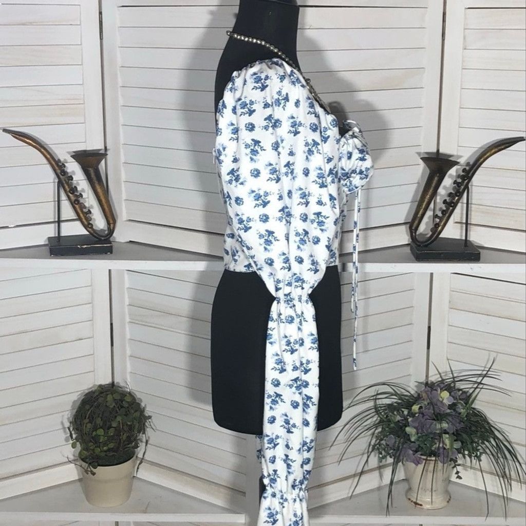 Vintage Y2K boho Cropped Top Tie Trumpet Sleeves Floral Blue White M Size M / US 6-8 / IT 42-44 - 5 Thumbnail
