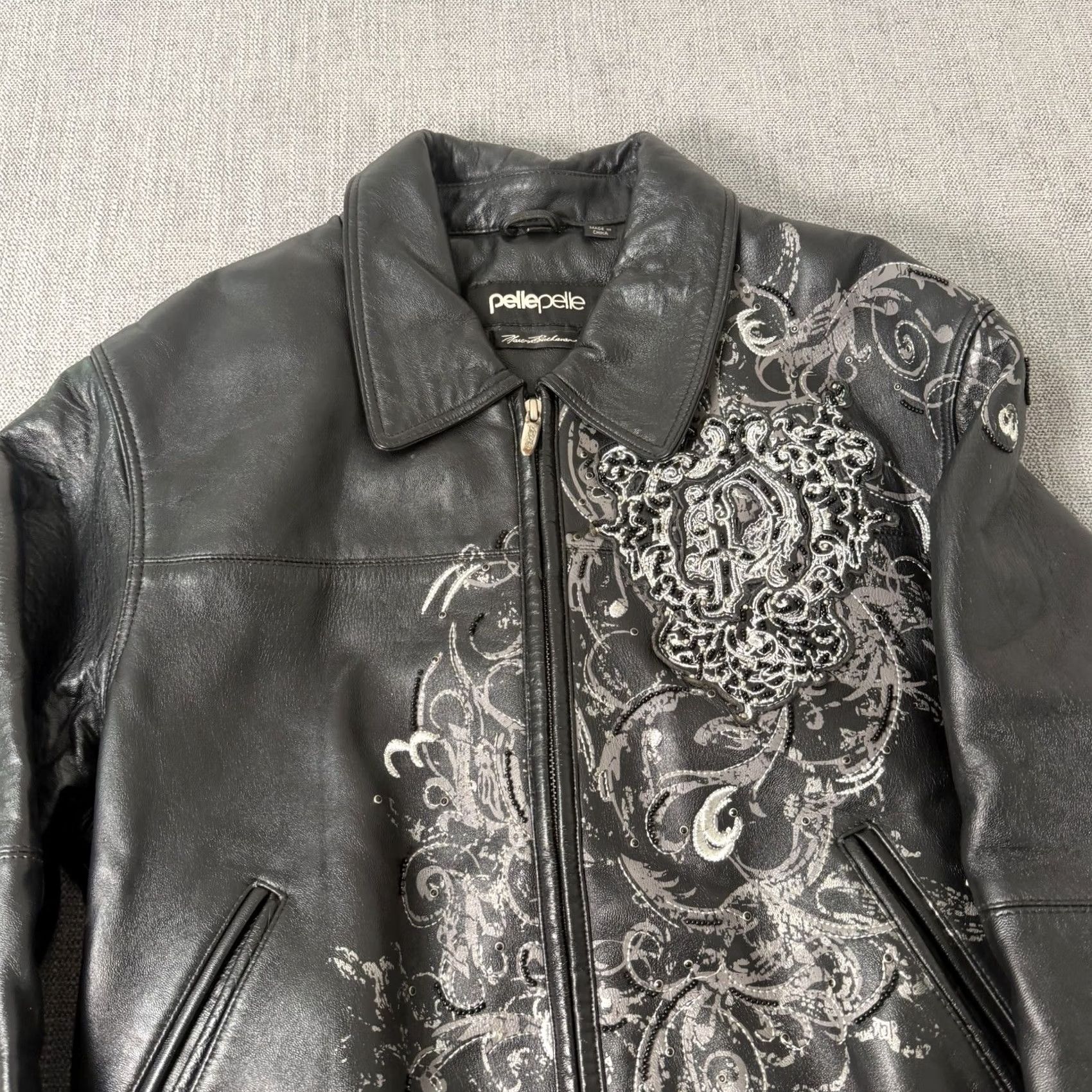 Pelle Pelle VINTAGE Pelle Pelle Black Leather Studded Jacket Rhinestones Womens 10 Bomber Jacket Women Black 10 Womens Size L / US 10 / IT 46 - 4 Thumbnail