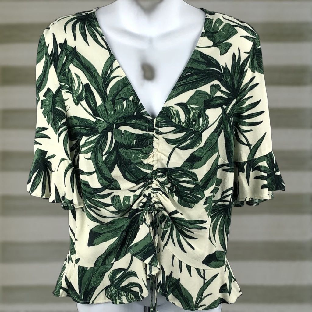 H&M VINTAGE Nike Shirt Womens 10 Green/White Floral Ruched Tie Front Cropped Aloha Tropical Size L / US 10 / IT 46 - 1 Thumbnail
