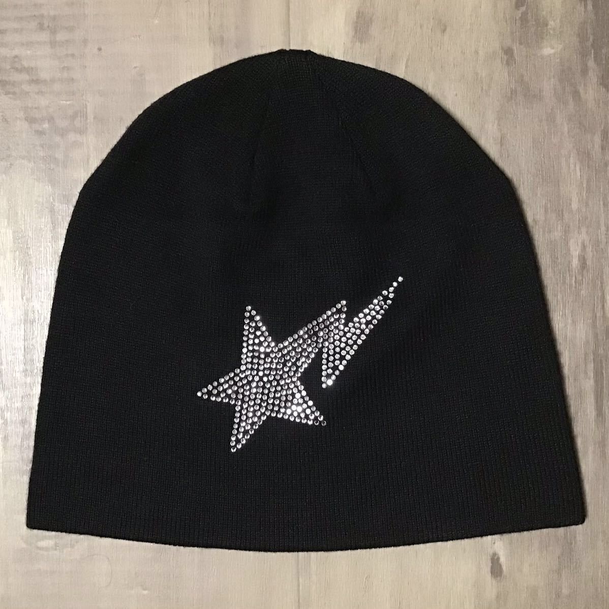 Pre-owned Bape Crystal Stone  Sta Logo Beanie Knit Cap A Bathing Ape In Black