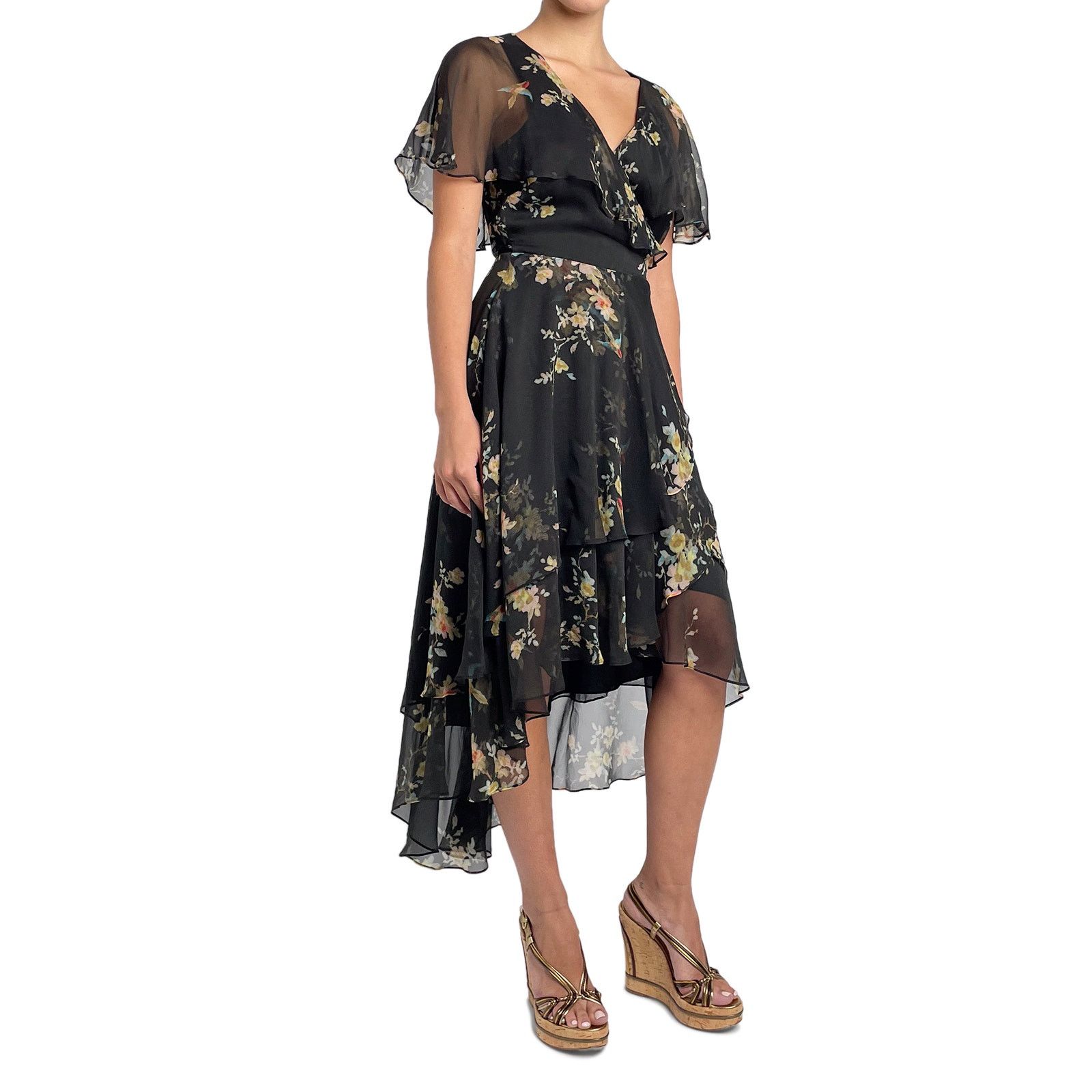 Zimmermann Black with Floral Midi Wrap Dress Size S / US 4 / IT 40 - 2 Thumbnail