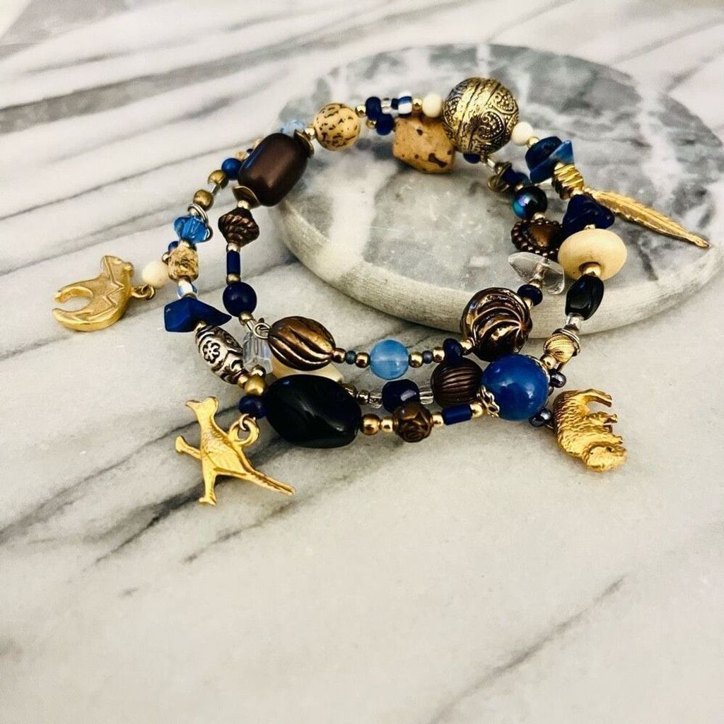 Jewelry Double Wrap Gemstone Bracelet Blue Beaded Gold Size ONE SIZE - 2 Thumbnail