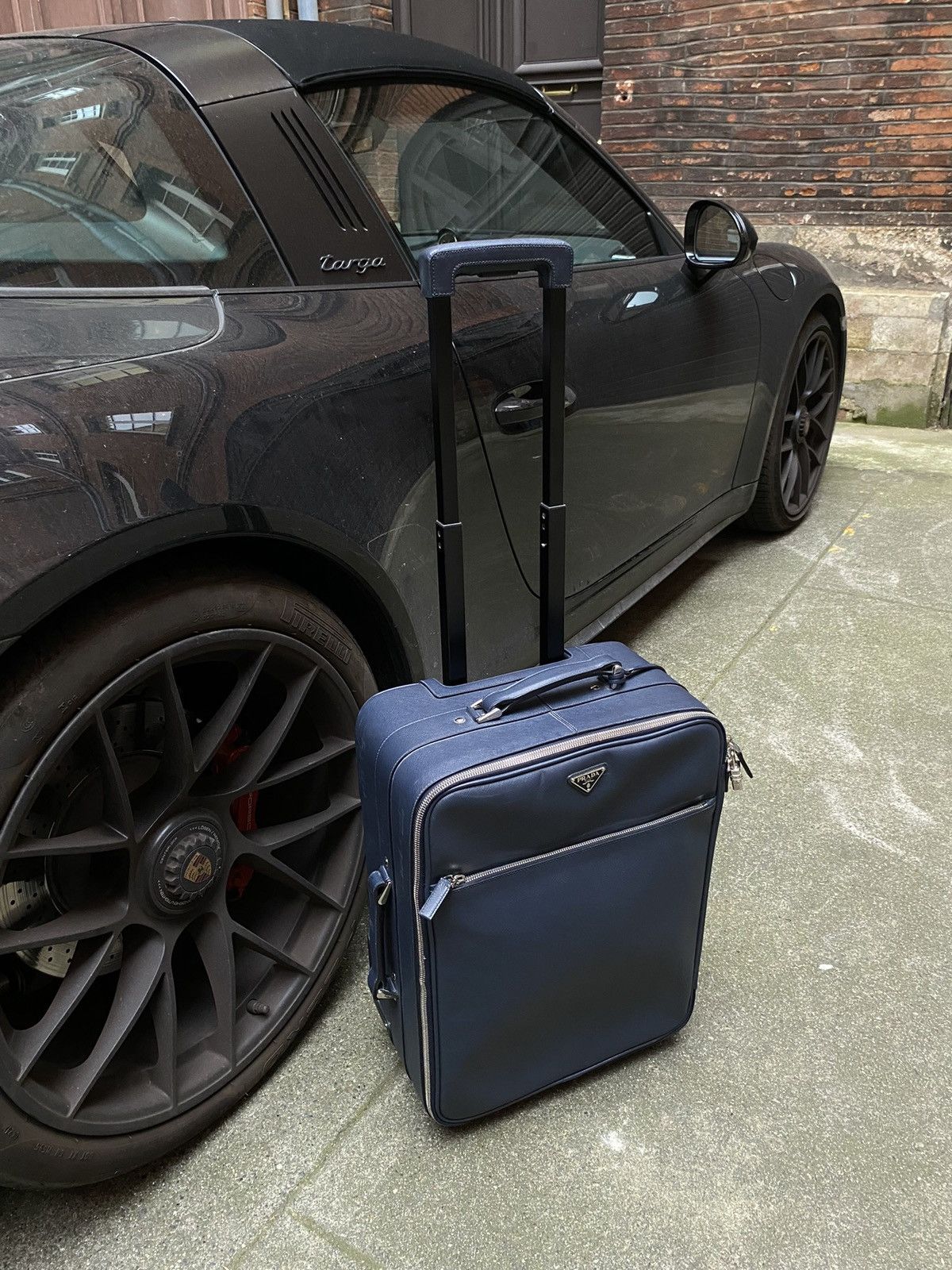 image of Prada Blue Saffiano Leather Trolley Rolling Luggage, Women's