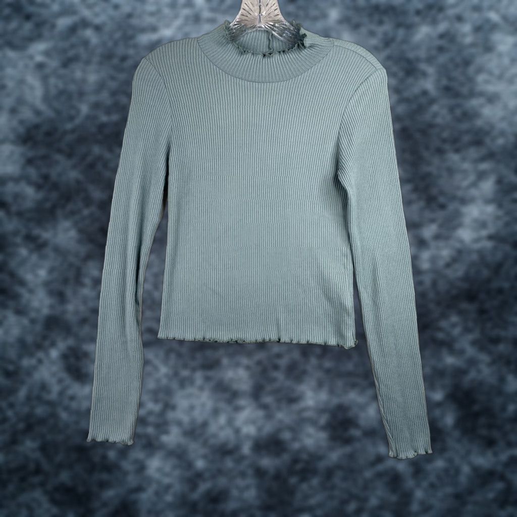 American Eagle Outfitters American Eagle Outfitters Sweater Women S Pullover Mock Neck Blue Ribbed Ruffle Cropped Knit S Size S / US 4 / IT 40 - 1 Thumbnail
