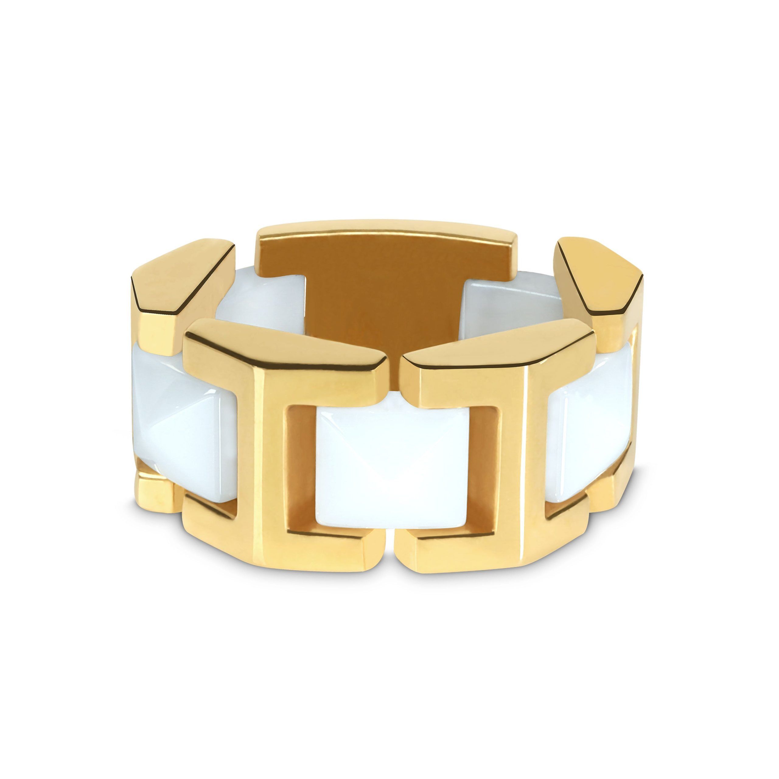 image of Versace White Ceramic Pyramids Flexible Ring In 18K Yellow Gold, Women's