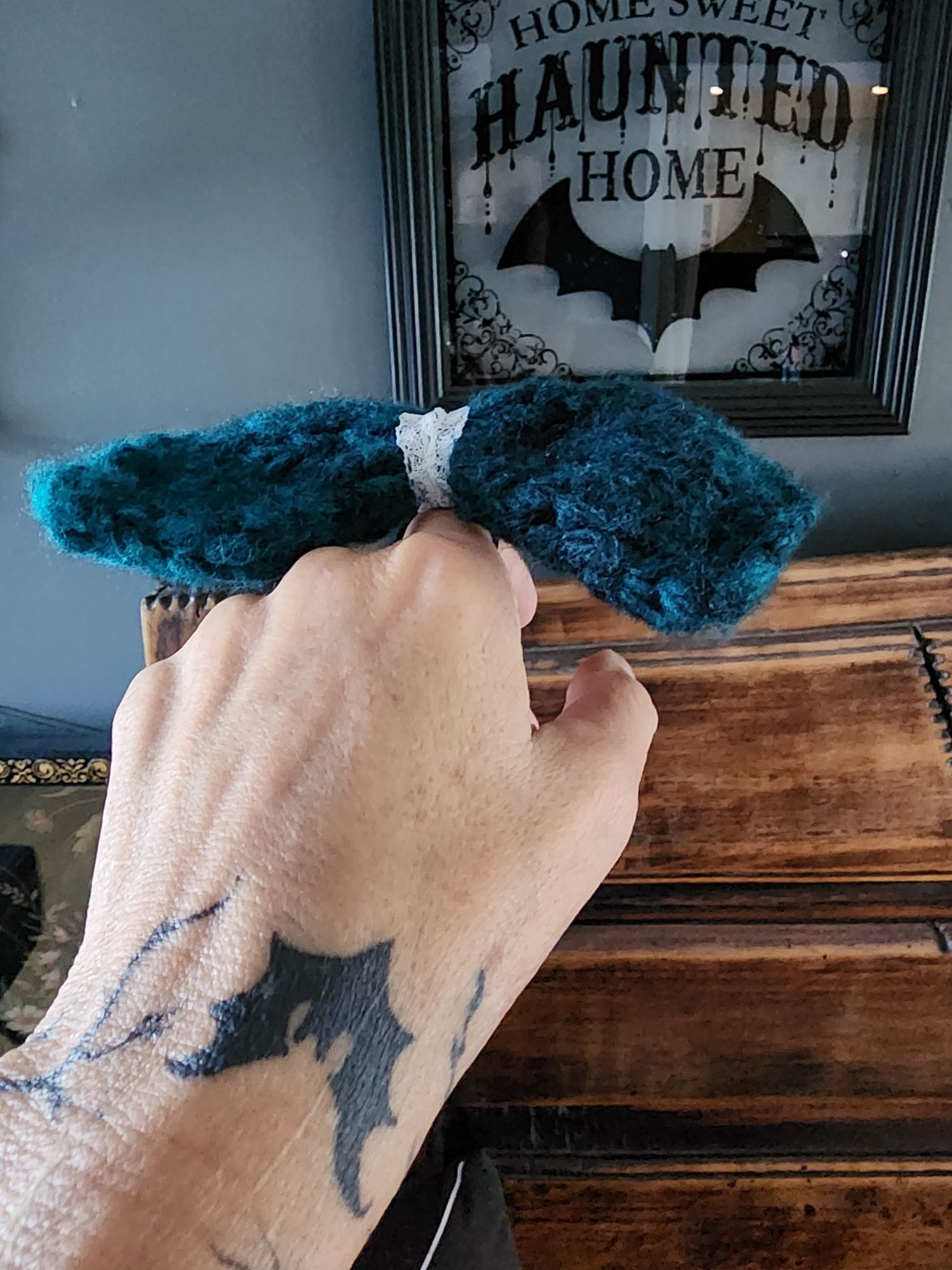 Handmade Knit Hair Bow, Handknitted Teal Ombre Ponytail Holder or Hai Size ONE SIZE - 14 Thumbnail