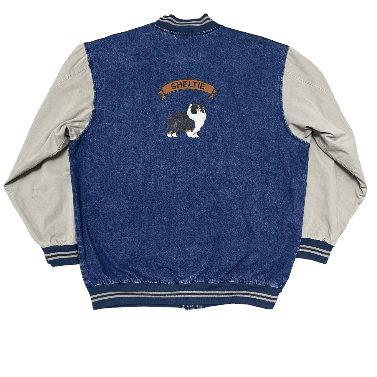 image of Denim Jacket x Varsity Jacket Vintage Luna Pier Dog Embroidery Denim Varsity Jacket, Men's (Size XL