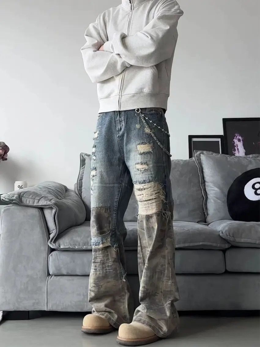 Designer × Japanese Brand Ripped Camouflage Spliced Denim Trousers Size US 31 - 3 Thumbnail