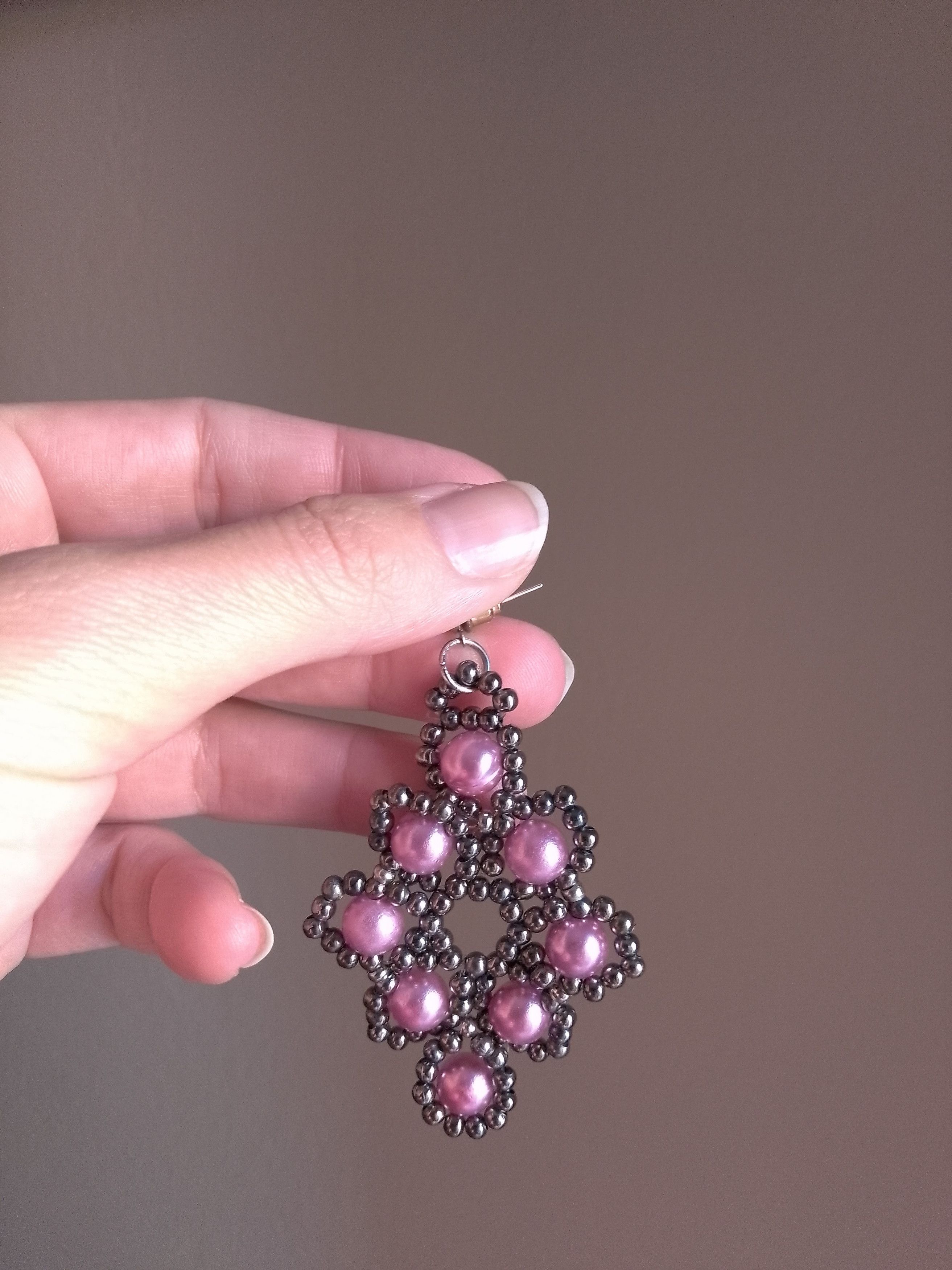Handmade Earrings Long Flower Shape Pink Pearls Brass Size ONE SIZE - 3 Thumbnail
