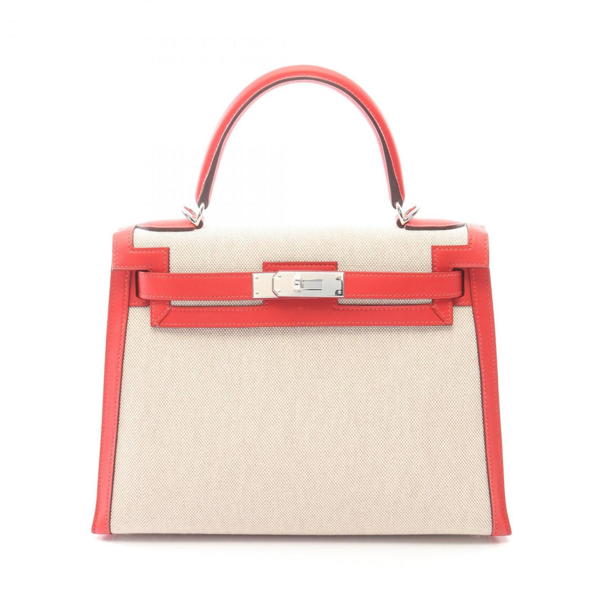 Hermes Hermes Hermès Kelly 28 handbag, canvas and leather, Swift toile ash, women's, beige red Size ONE SIZE - 1 Thumbnail