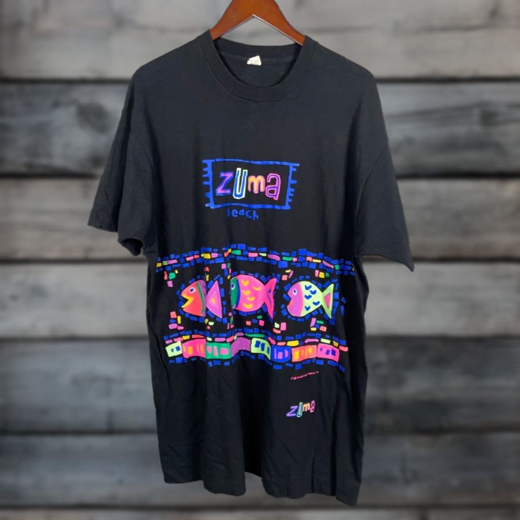 Vintage VINTAGE Screen Stars 1980s T-Shirt Adult XL Black Neon Fish Graphic Print City Beach Retro Men's Size US XL / EU 56 / 4 - 1 Thumbnail