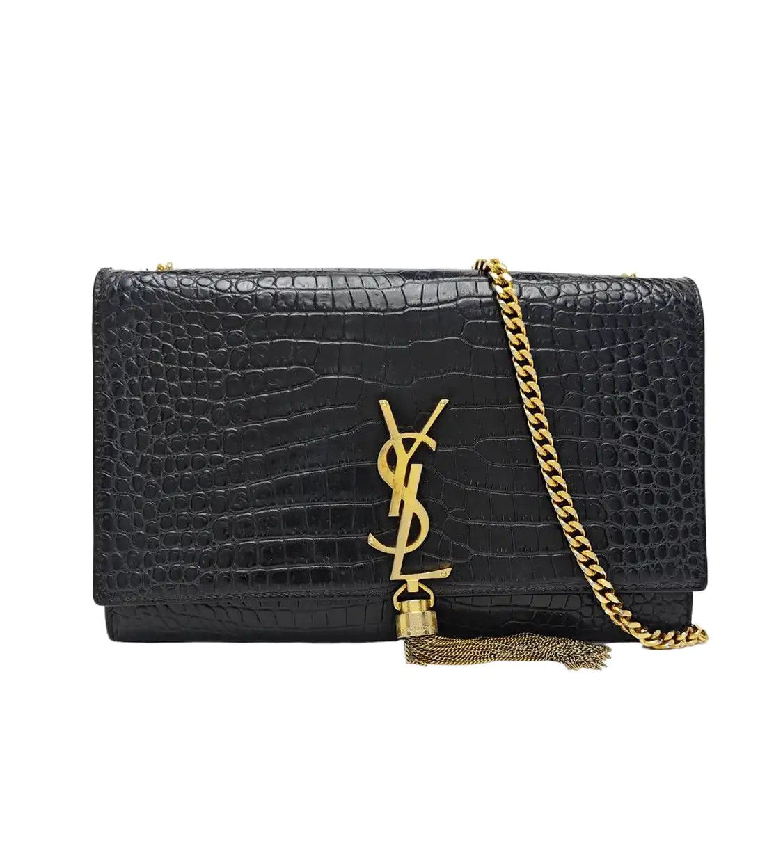 Saint Laurent Paris Ysl Kate Medium Black Cowhide Leather Fringe Embossed Flap B, Women's