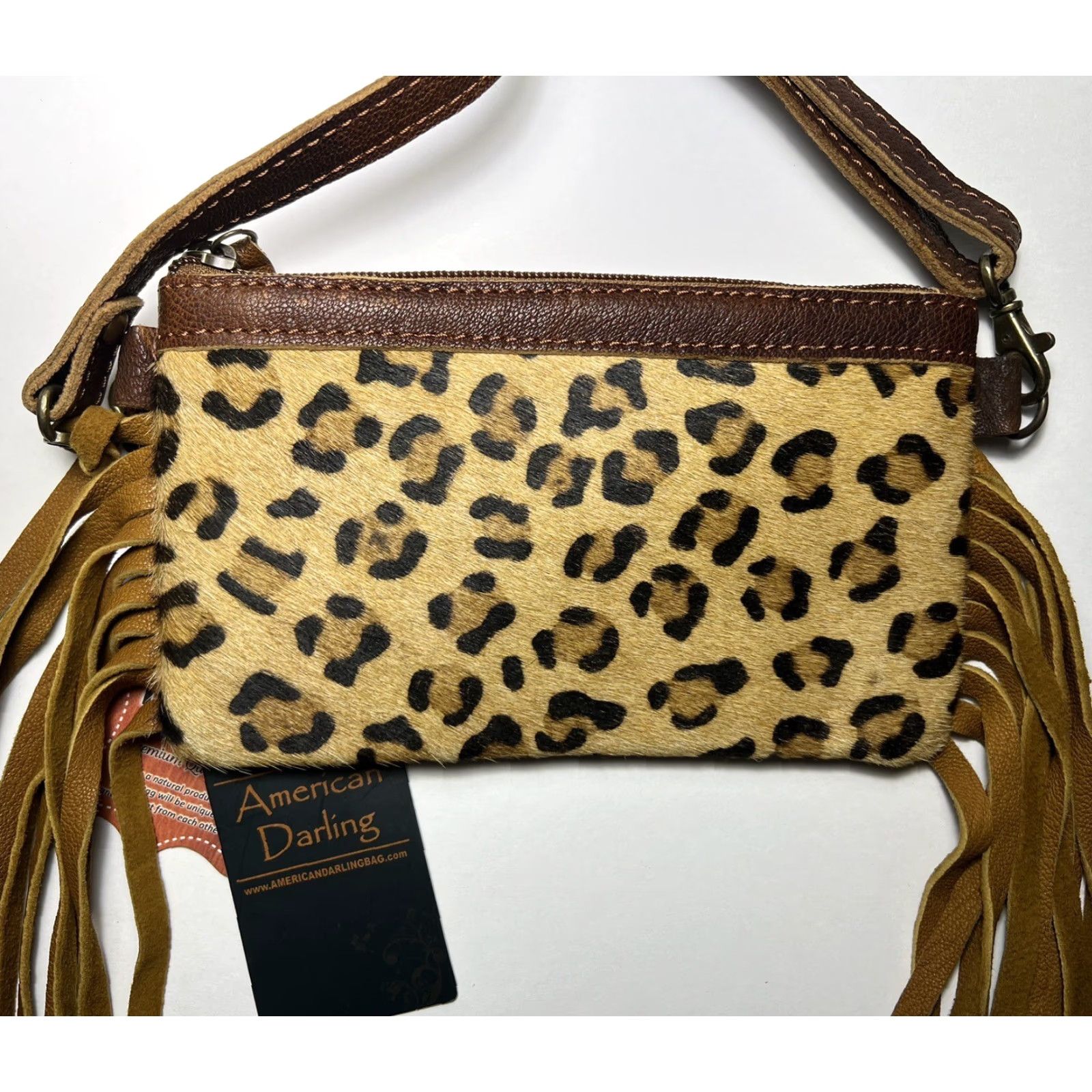 Vintage NWT American Darling Leopard Cowhide w/Fringe Bag Crossbody Purse Size ONE SIZE - 3 Thumbnail