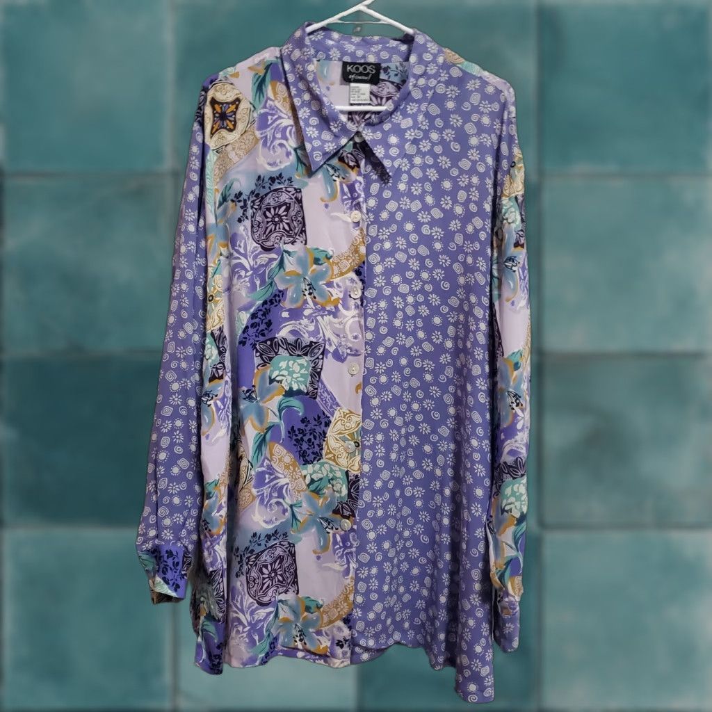 Vintage VINTAGE Koos Of Course Top Women 3X Purple Floral Mixed Print Silk Button Up Cottagecore Boho Shirt Women Mens? Size XXL / US 16-18 / IT 52-54 - 1 Thumbnail