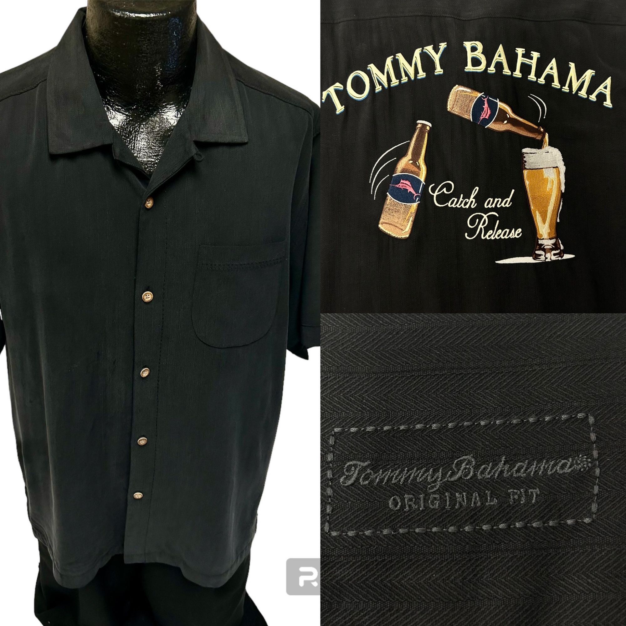 image of Tommy Bahama Catch & Release Beer Embroidered Silk Hawaiian in Black, Men's (Size Medium)