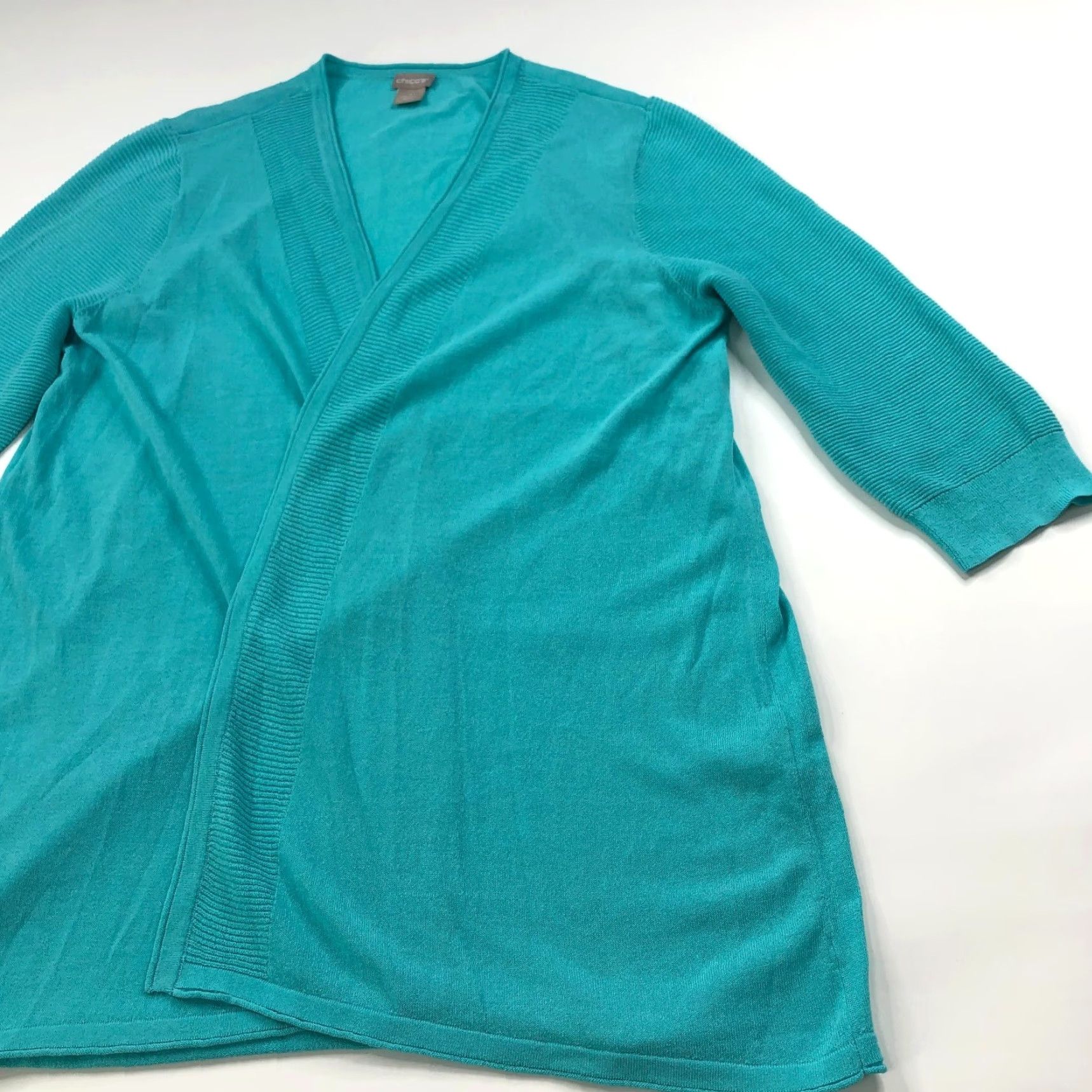 Vintage Chico's XS XL V-Neck Open Front Cardigan Duster Sweater Teal Blue Size XL / US 12-14 / IT 48-50 - 2 Thumbnail