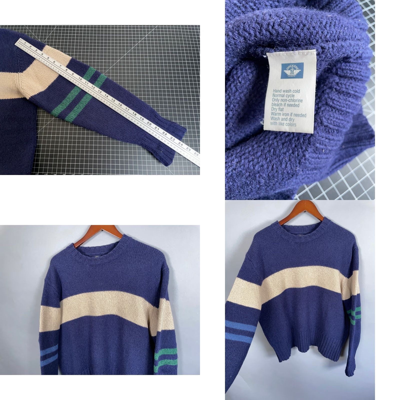 Dockers VINTAGE Dockers Sweater, Striped, Heavyweight, Wool Blend, Crew Neck, Long Sleeve, Pullover, Men’s Large, Blue Beige, Preppy Retro, Hand Wash Only Size US L / EU 52-54 / 3 - 8 Thumbnail