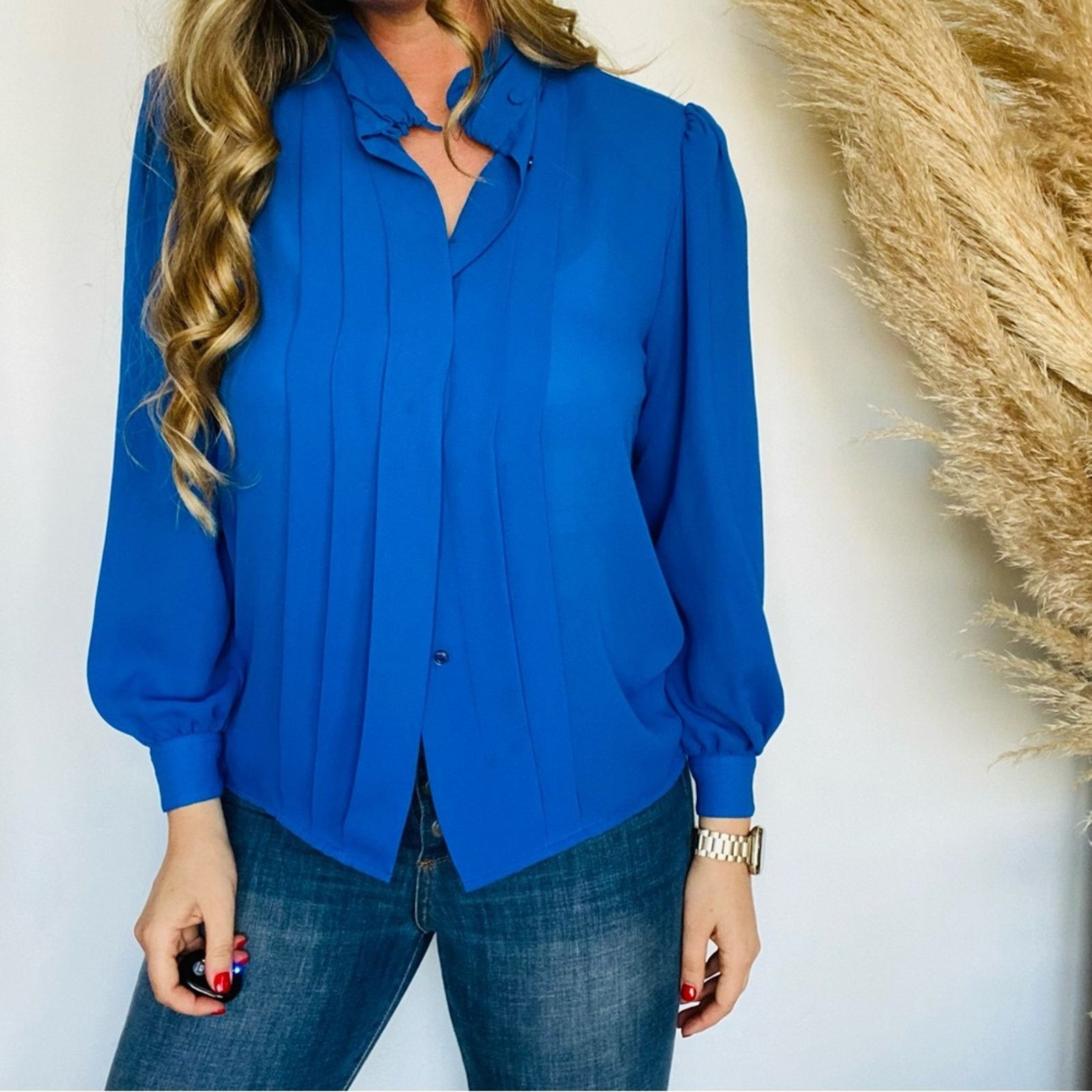 Vintage VINTAGE Royal Blue Long Sleeve Sheer Button Blouse Shirt Top Size S / US 4 / IT 40 - 3 Thumbnail