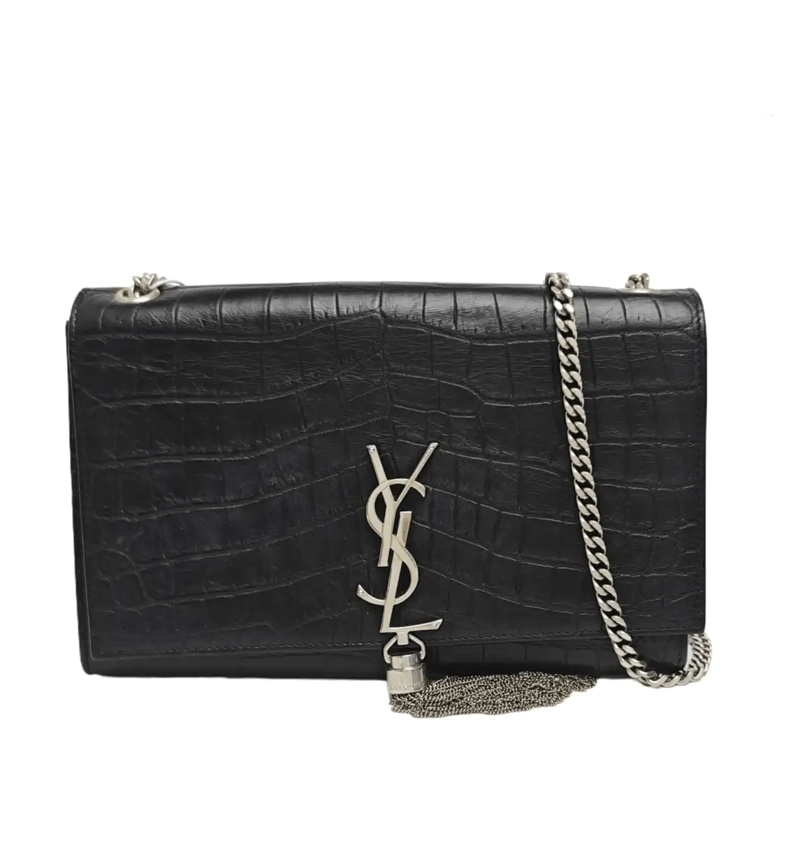 Saint Laurent Paris Ysl Kate Medium Black Cowhide Leather Fringe Crocodile Flap, Women's