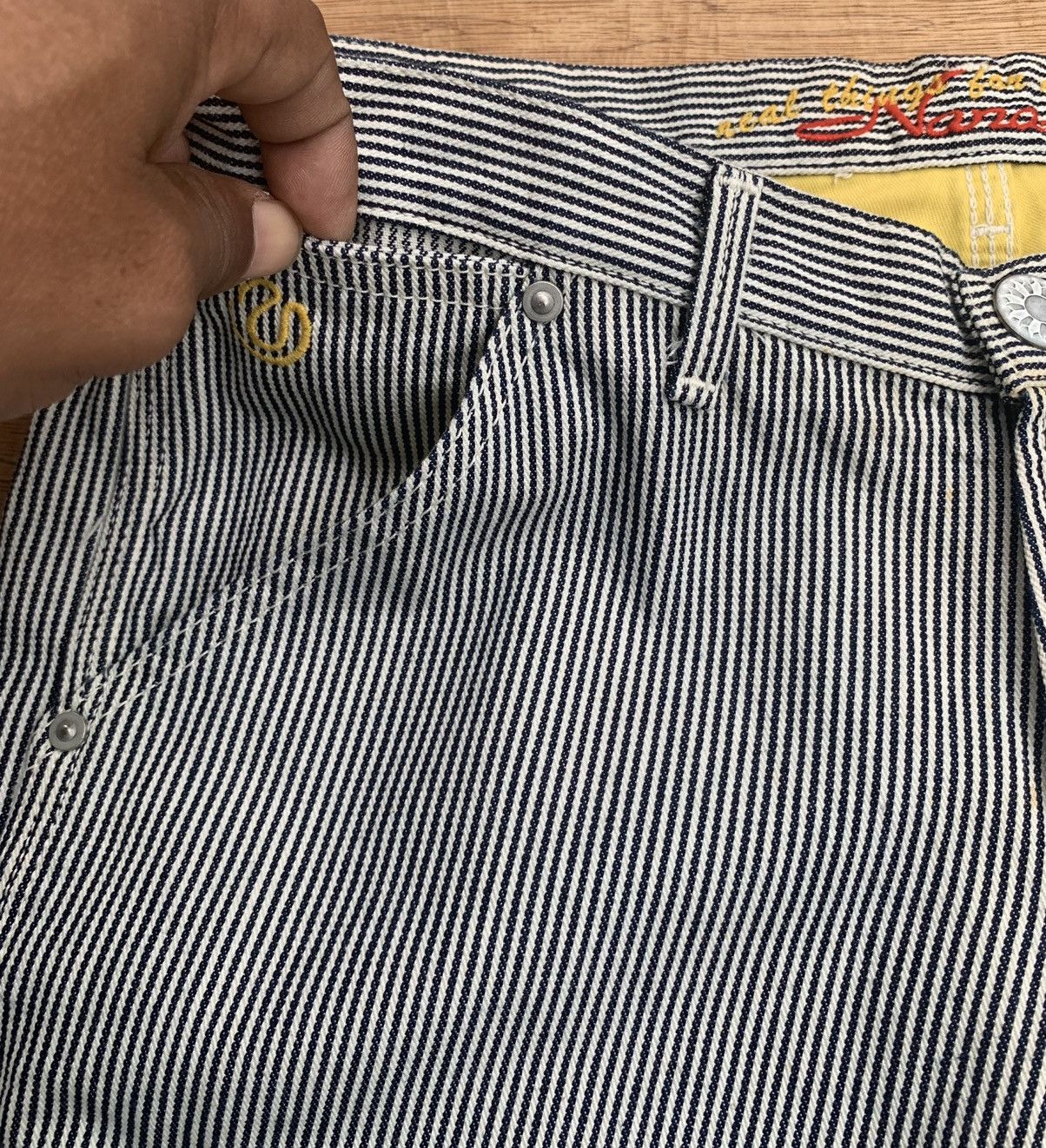 Japanese Brand × Vintage Nana-La Baggy Flare Carpenter Hickory Stripe Pants Size 31" - 12 Thumbnail