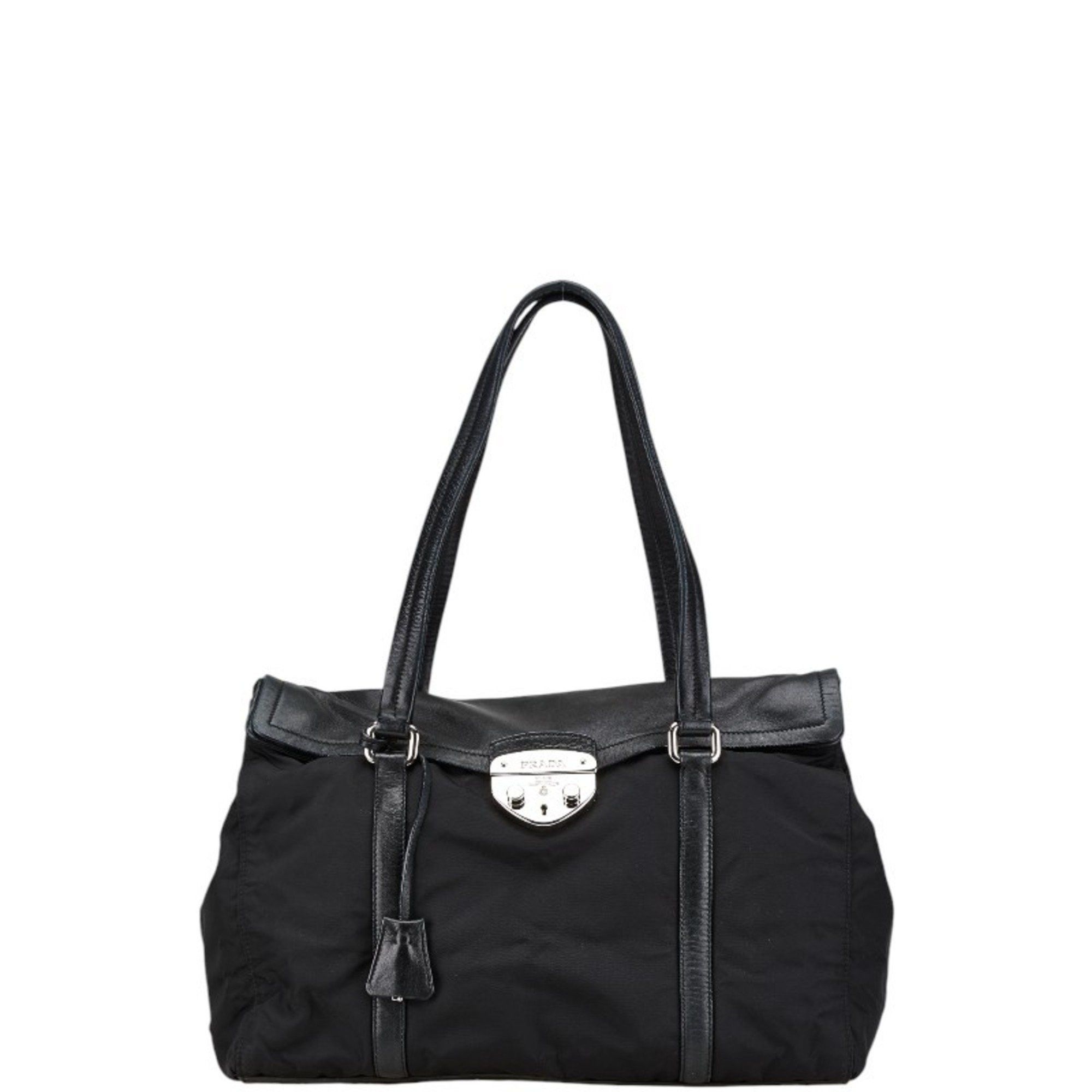 Prada Triangle Plate Tote Bag Shoulder Black Nylon Leather Women's Prada