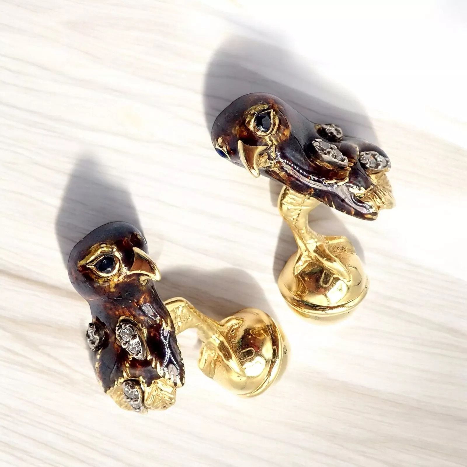 Tiffany & Co. 18k Yellow Gold Diamond Enamel Falcon Eagle Bird Cufflinks Size ONE SIZE - 2 Thumbnail