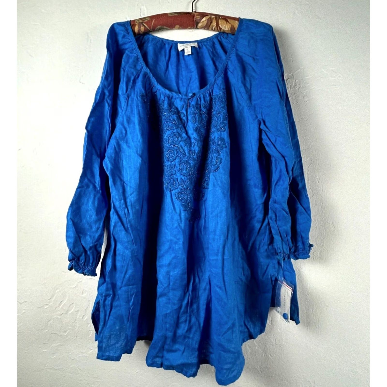 Charter Club Charter Club Womens Linen Embroidered V-Neck Tunic Blouse Blue 0X New Size XL / US 12-14 / IT 48-50 - 2 Thumbnail