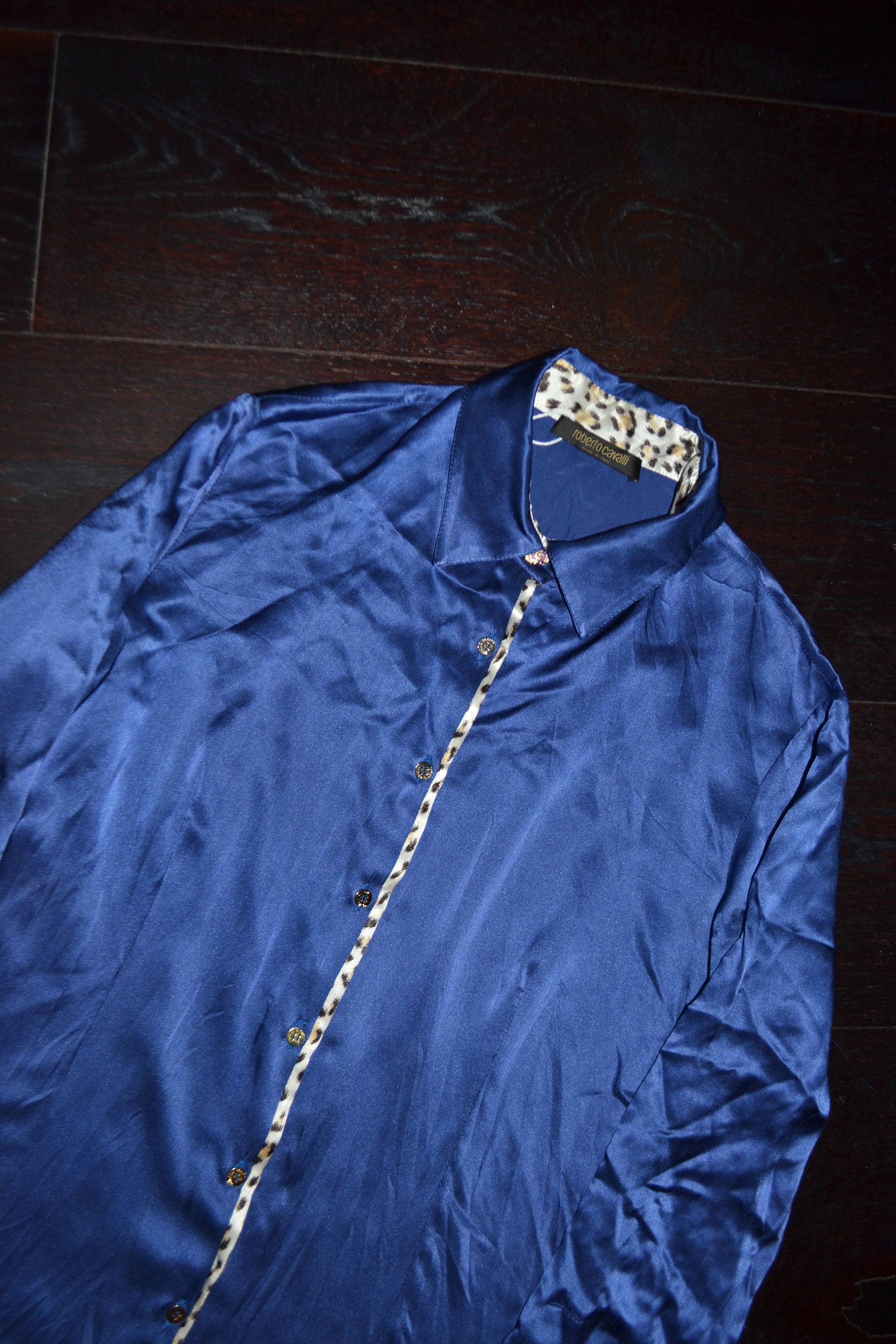 Roberto Cavalli Late 2000s Leopard-Trimmed Silk Shirt Size S / US 4 / IT 40 - 2 Thumbnail