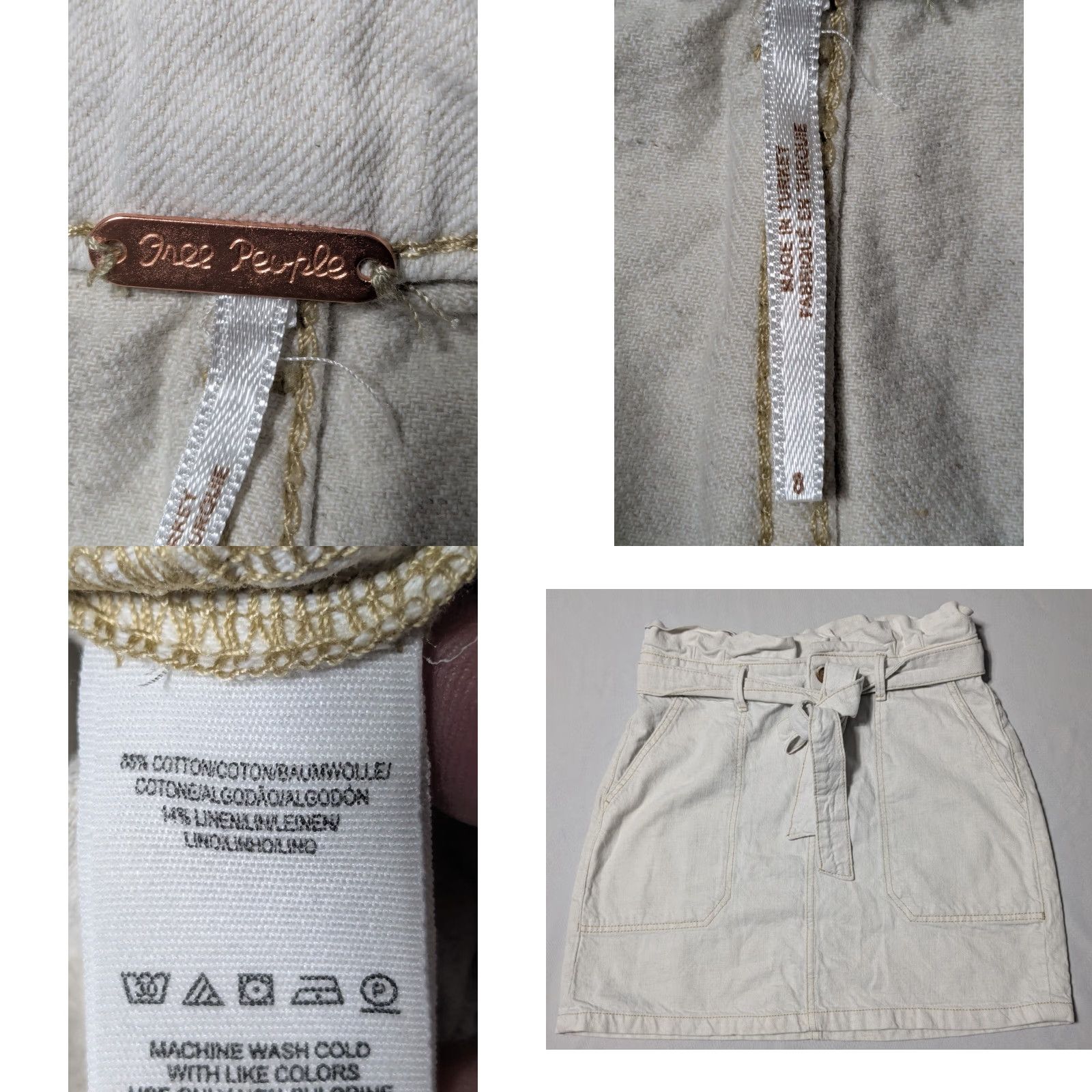 Free People FREE PEOPLE Skirt Belted 16" Paperbag Denim Linen Oatmeal Beige 8 Women Short Mini Pockets Size 30" / US 8 / IT 44 - 8 Thumbnail