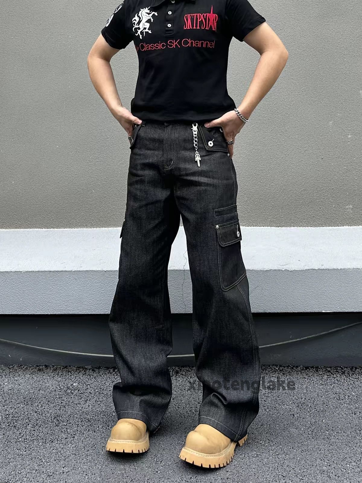 Japanese Brand × Jean Opium Cargo Flared Stack Jeans, Wide Leg