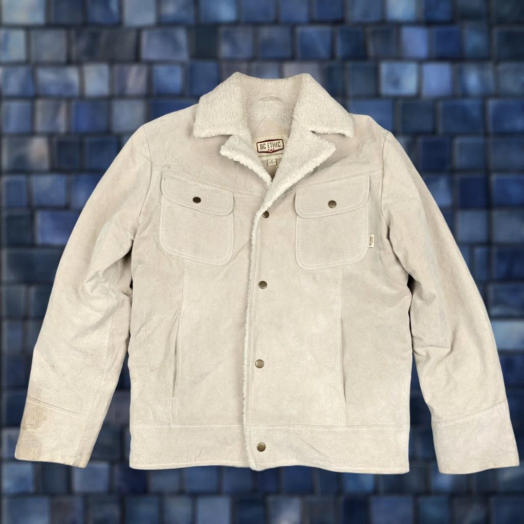 Vintage BC Ethic Jacket Mens Medium Beige Leather Bomber Sherpa Lined Western Snap Size US M / EU 48-50 / 2 - 1 Thumbnail
